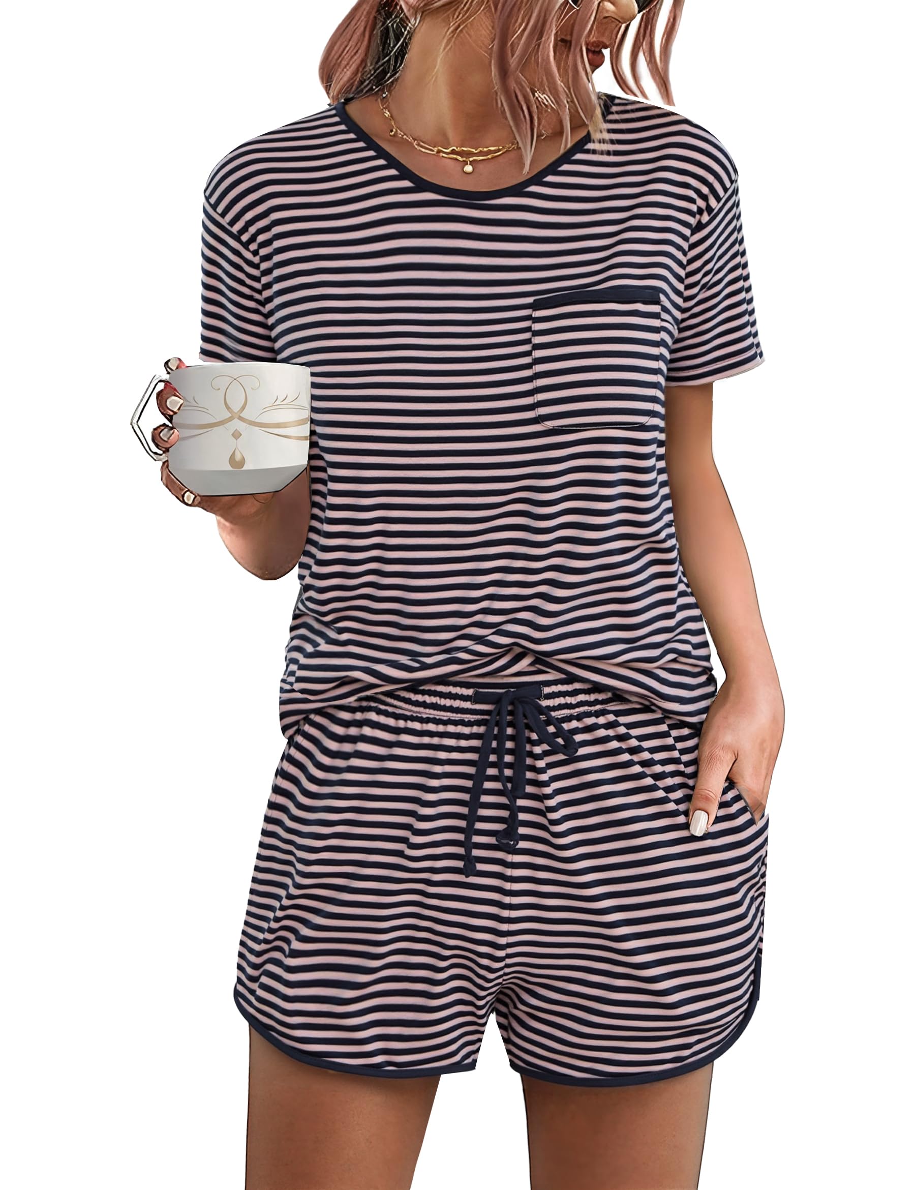 Demegimi Schlafanzug Damen Kurz Baumwolle Sommer Pyjama Zweiteiliger Pyjama Set Gestreift Weicher Shorty Hausanzug V-Ausschnitt Nachtwäsche