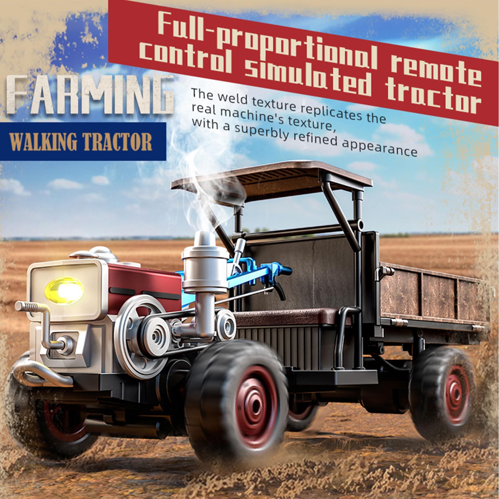 Domary Trattore Telecomandato Completamente Proporzionale con Funzione di Spruzzatura per gli Appassionati di Agricoltura (Blu)