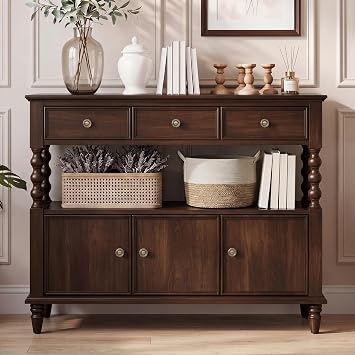 45.3 Solid Wood Console Table, Retro Sofa Table with 3 Drawers & 2 Cabinet, Long Behind Couch Accent Table Console Table Narrow Entryway Table for Living Room, Foyer, Hallway