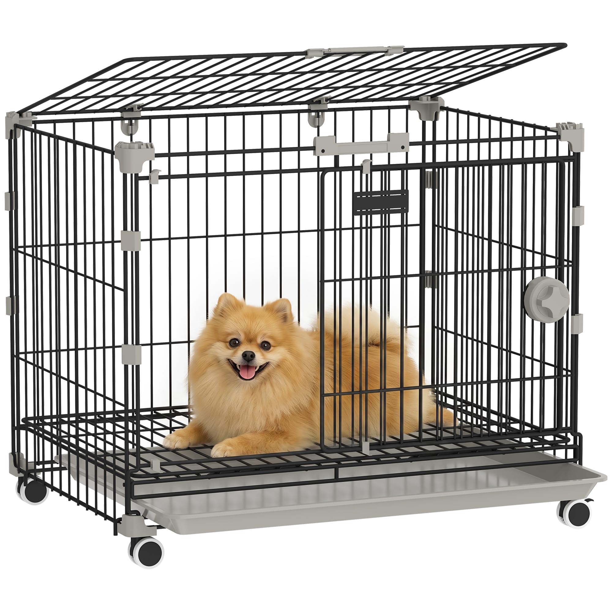 PawHut - Jaula para perro plegable, bandeja extraíble, ruedas con frenos, techo corredizo, puerta de alimentación, nicho interior para perros pequeños y medianos (60,5 x 45,5 x 54,5 cm, color negro