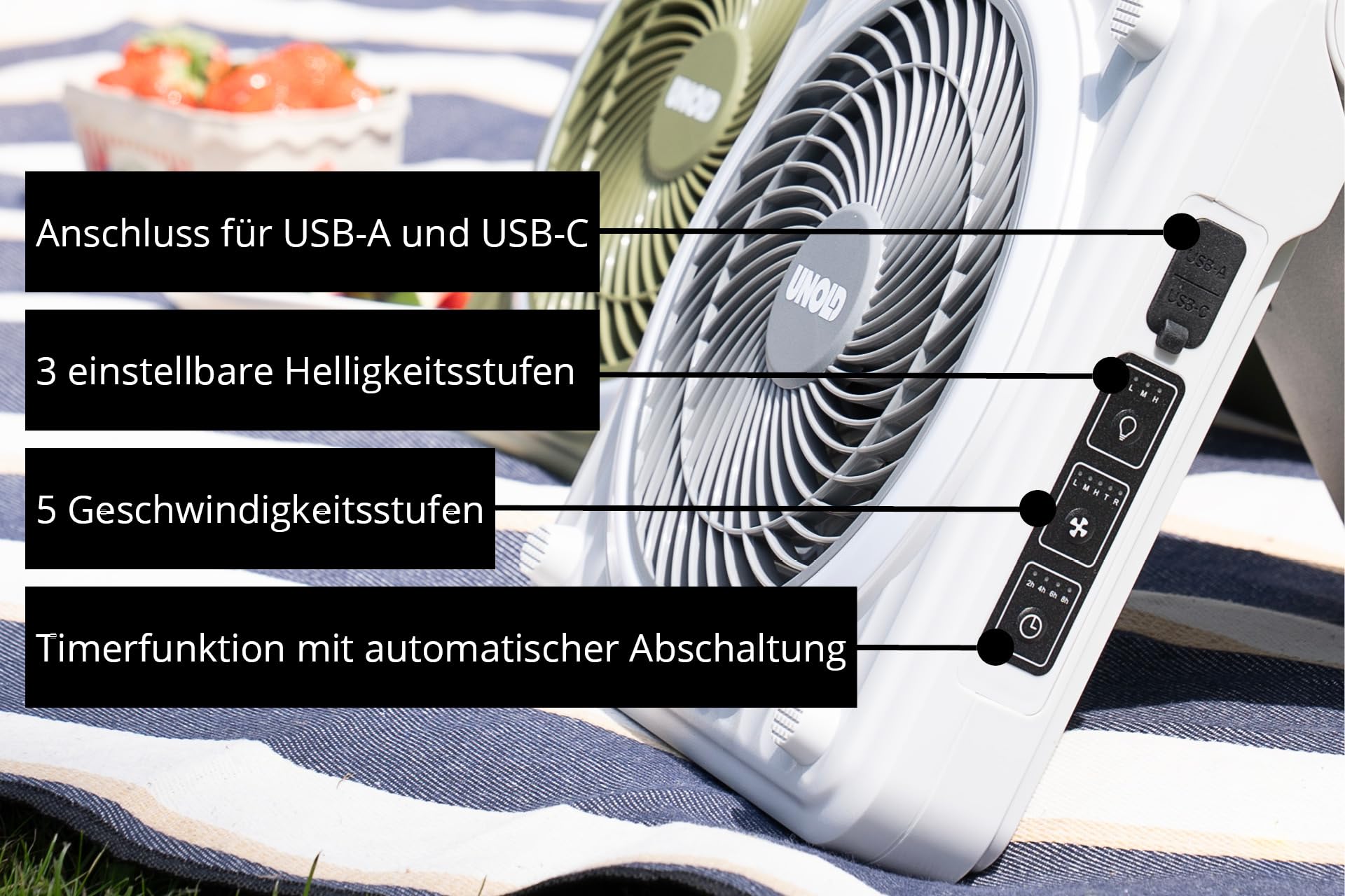 Unold 86516 Standventilator – Solarventilator für Camping | Akku-Solar-Ventilator mit LED-Beleuchtung | 5 Geschwindigkeitsstufen | Bis zu 24h Laufzeit | 5000 mAh Batterie | Grün