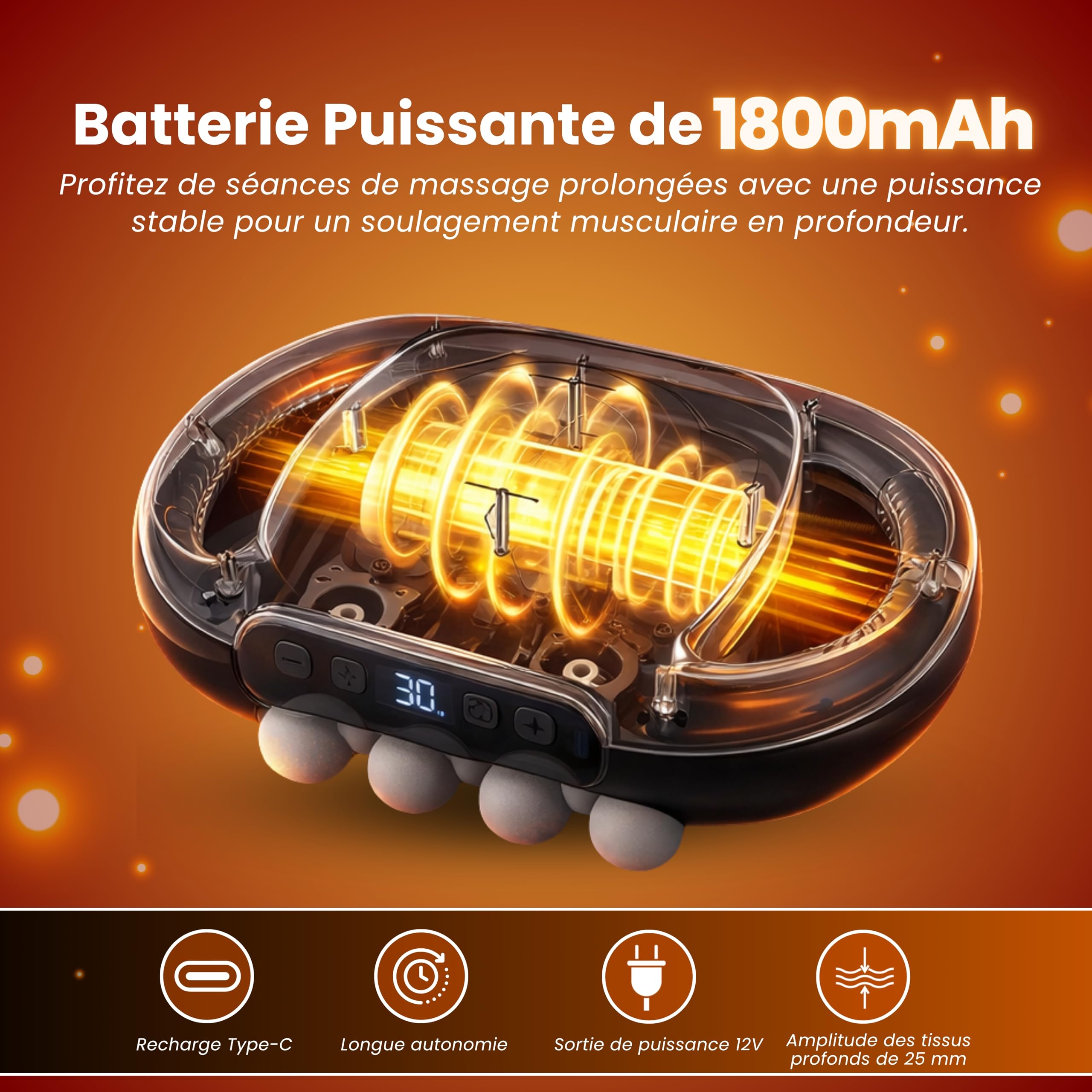 BeFit24 Pistolet de Massage Professionnel avec Chaleur & 16 Têtes, Massage Musculaire Profond Anti-Douleur, Récupération Musculaire Dos Cou Épaules Jambes, Sans Fil USB-C