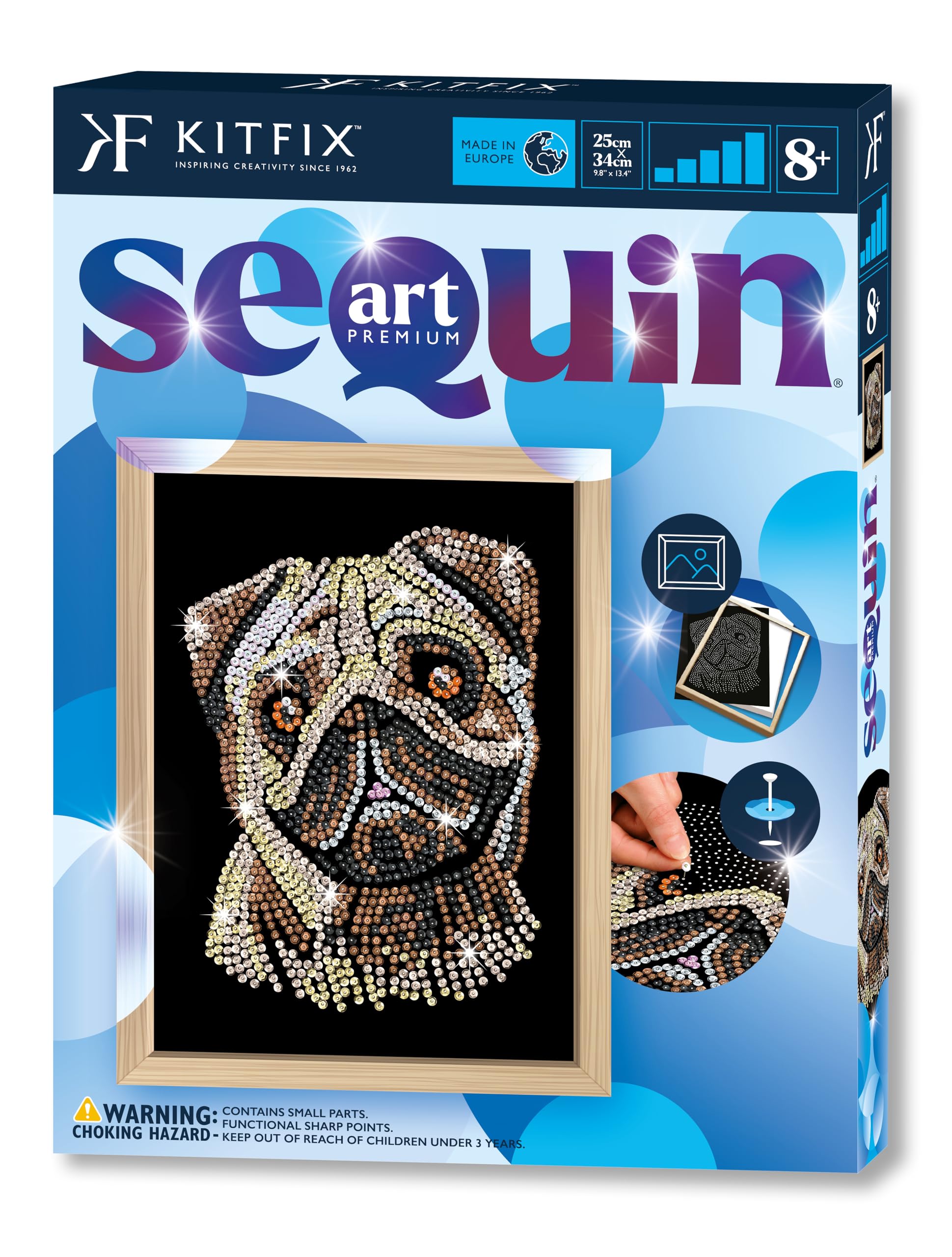 Kitfix - Sequin Art Pug with Wooden Frame - 27 x 36cm - Sequin Art Blue Premium - Creative Set - Craft Kit for Adults, Teenagers and Children Aged 8+ - 1935 — image 1