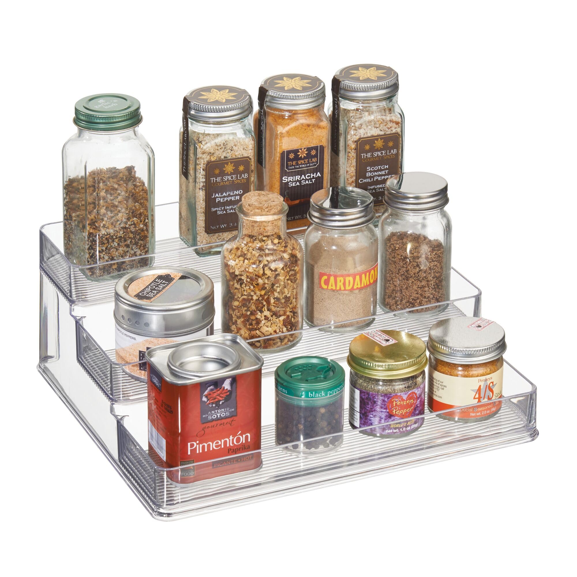 iDesign Spice Rack with 3 Compartments, Medium Size Display Cabinet Organiser Made of Durable Plastic, Compact Kitchen Storage Organiser for Jars, Cans and Spices, Clear