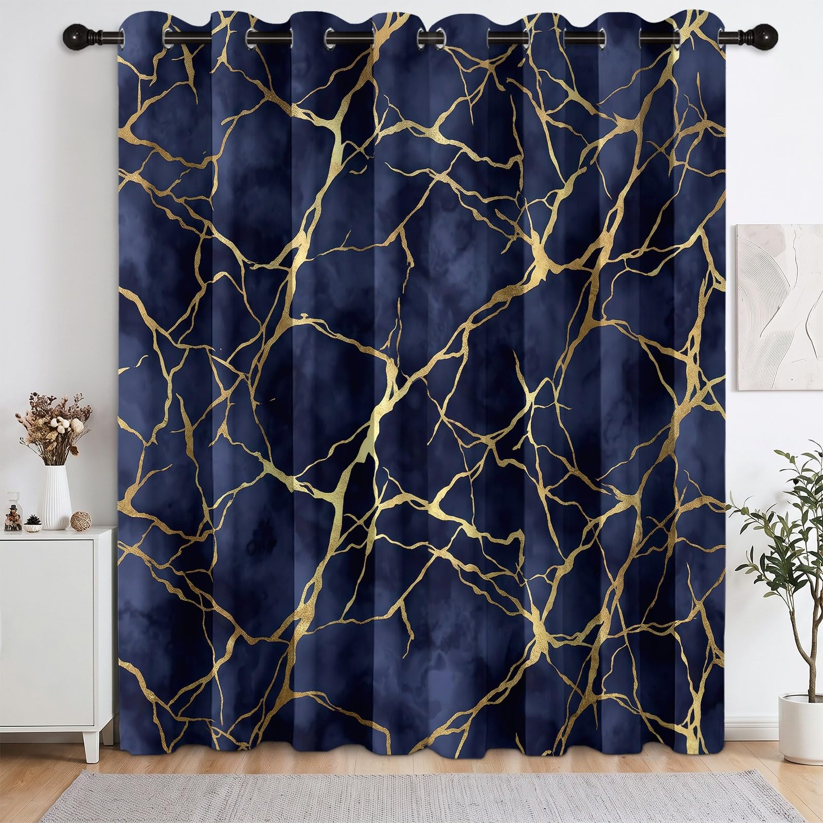Générique Moderne Fluide Rideau Occultant 140 X 260 cm (L x H), Lot De 2 Rideaux Bleu Marine Foncé Marbre Or Fissure à œillets Isolants Thermiquement Draperies pour Decoration Salon Chambre Fenetre