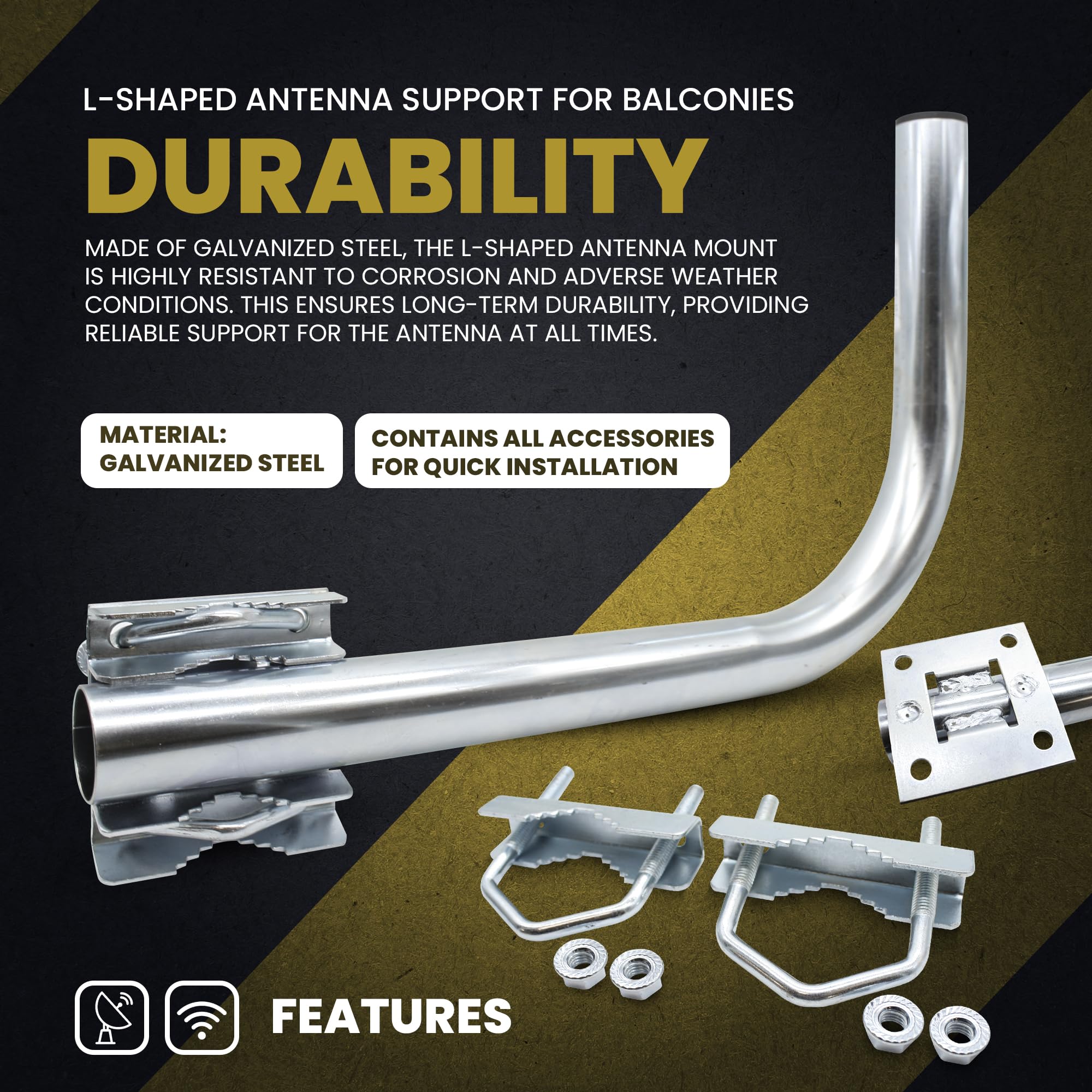 DOJA Barcelona | Support d'Antenne en L pour Balcon | Pack 1 | Mat Antenne | L42x H27x38cm | Acier Galvanise | Accessoires De Fixation | Pour Support Mural TV, Antenne TV Exterieure, Parabole