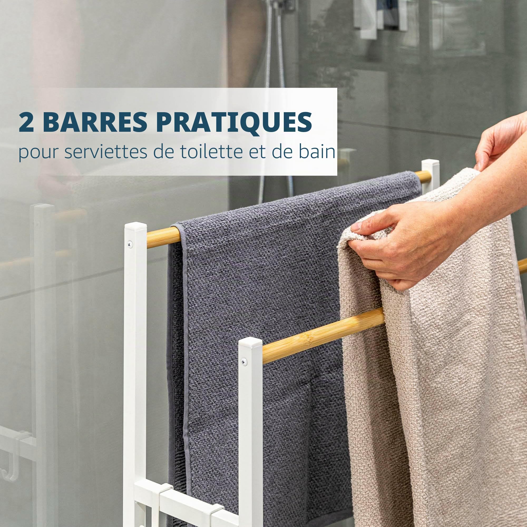 eluno Porte-Serviettes sur Pied en métal avec Bambou, Extra Large, pour Grandes Serviettes de Douche, Porte-Serviettes de Bain, avec 2 Barres Porte-Serviettes et 4 Crochets (Blanc)