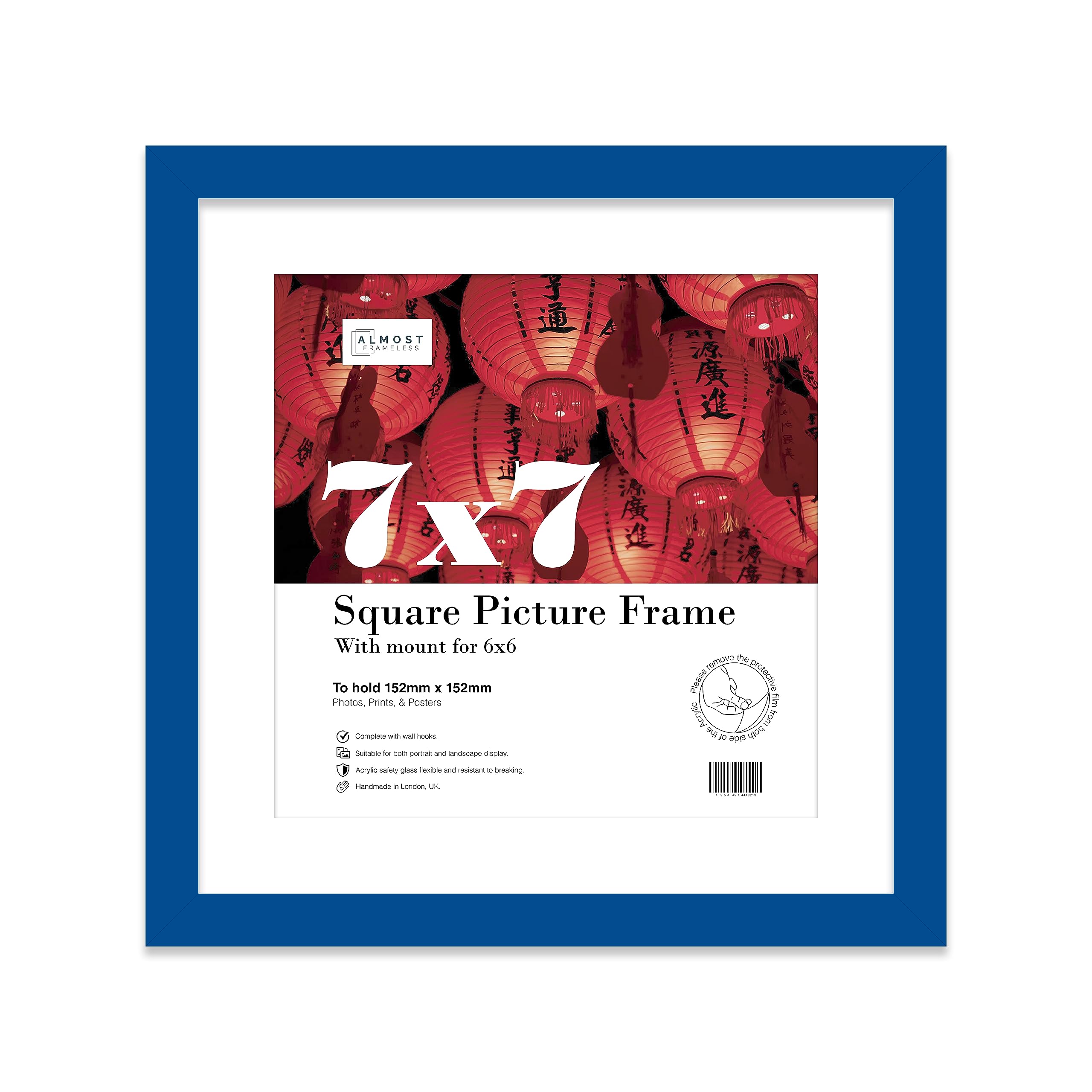 Almost Frameless 7x7 Picture Frame, Display Pictures 6x6 With Mat or 7x7 Without Mat, Wall Hanging & Free Standing Photo Frame, Blue, 1 Pack