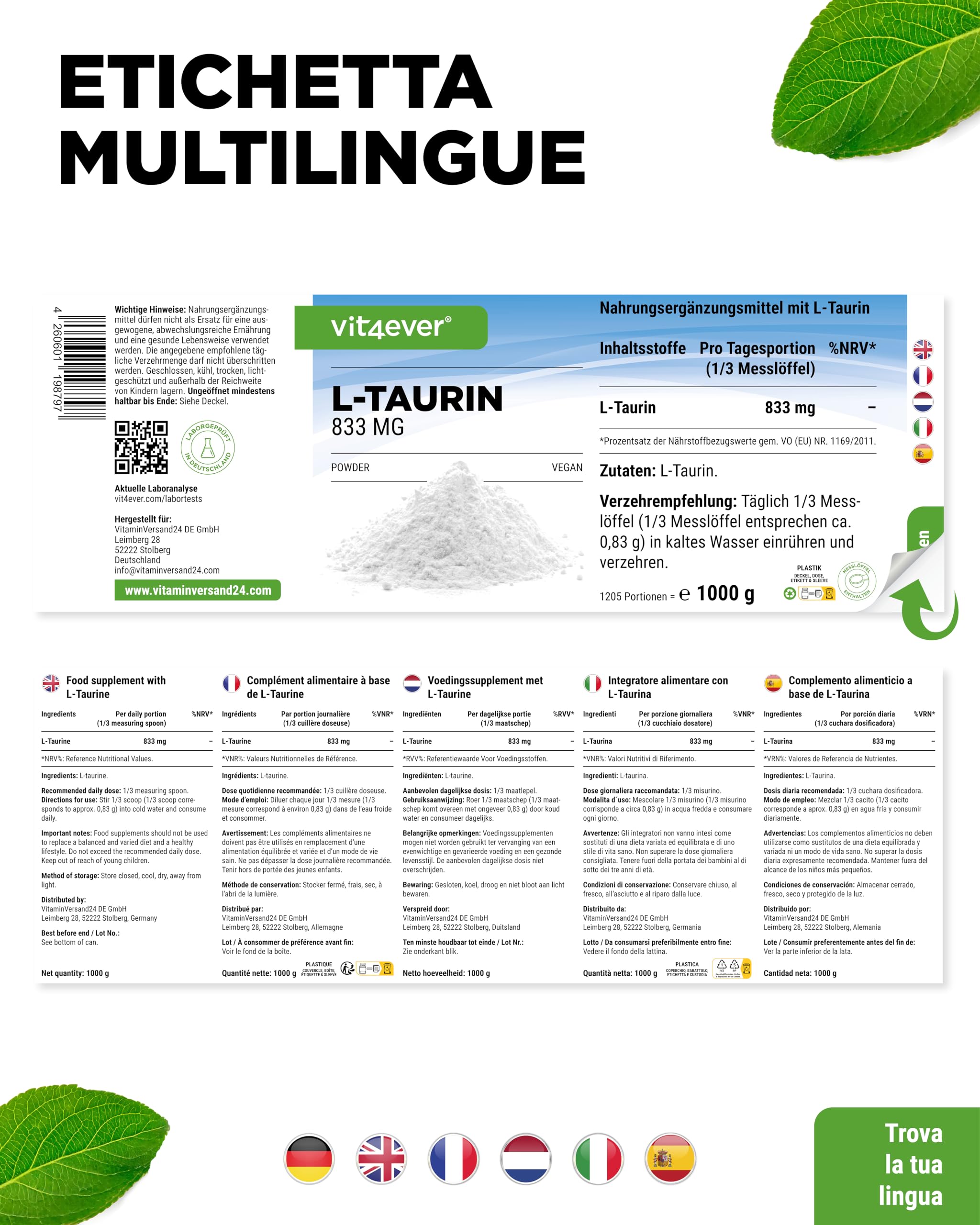 Taurina in polvere - 1000g (1kg) - Solubilità ottimale - Vegan - 99% di purezza - Qualità Premium testata in laboratorio - L-Taurina Aminoacido