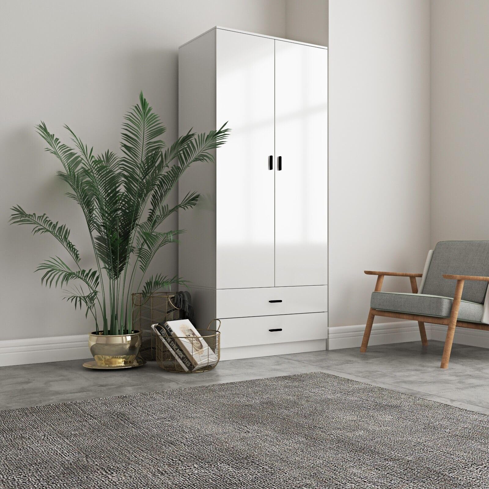 URBNLIVING Glossy Tall 2 Door Wardrobe Bedroom Storage with Hanging Rail Modern Furniture