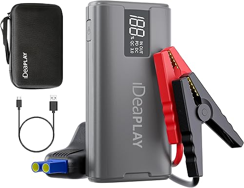 Miniatura 1 de IDEAPLAY J10 Jump Starter, batería de coche de 2000 A 12 V arrancador portátil para hasta 8.0L de gas y 7.0L motor diesel, caja de salto con cables