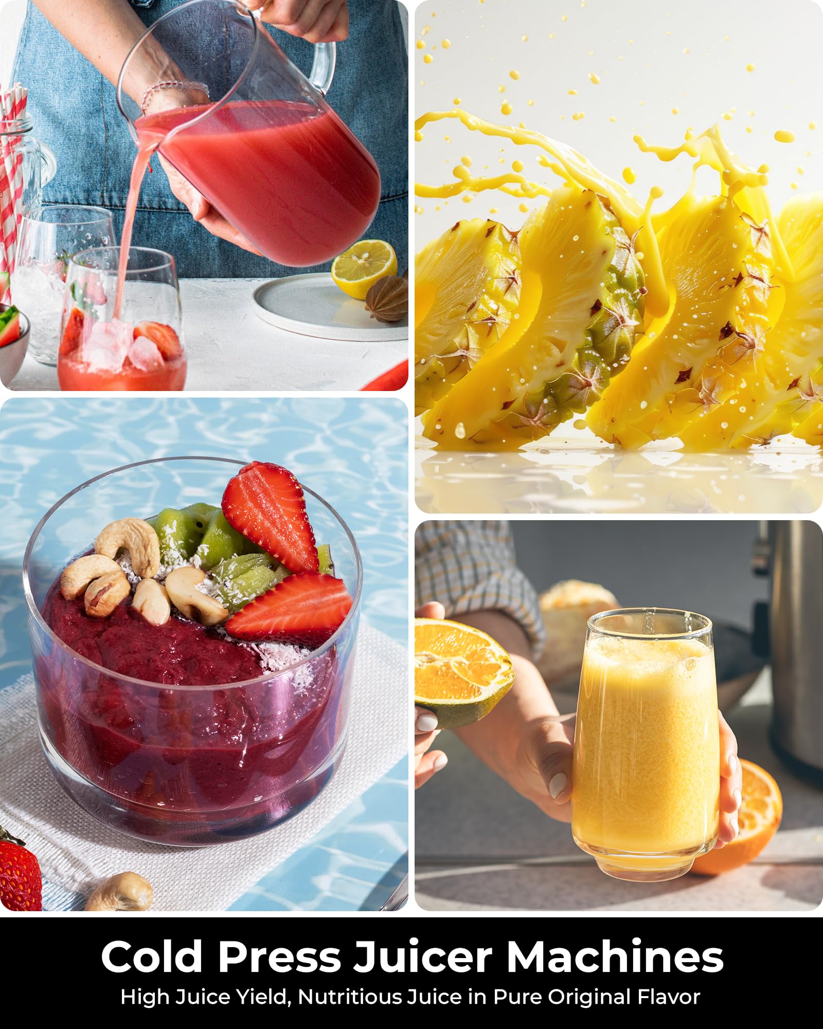 SUSTEAS Máquinas exprimidoras de prensa en frío, canal de alimentación de 13,5 cm (capacidad de 1,5 L), extractor de zumo de masticación lenta de 300 W para frutas y verduras enteras, alimentación