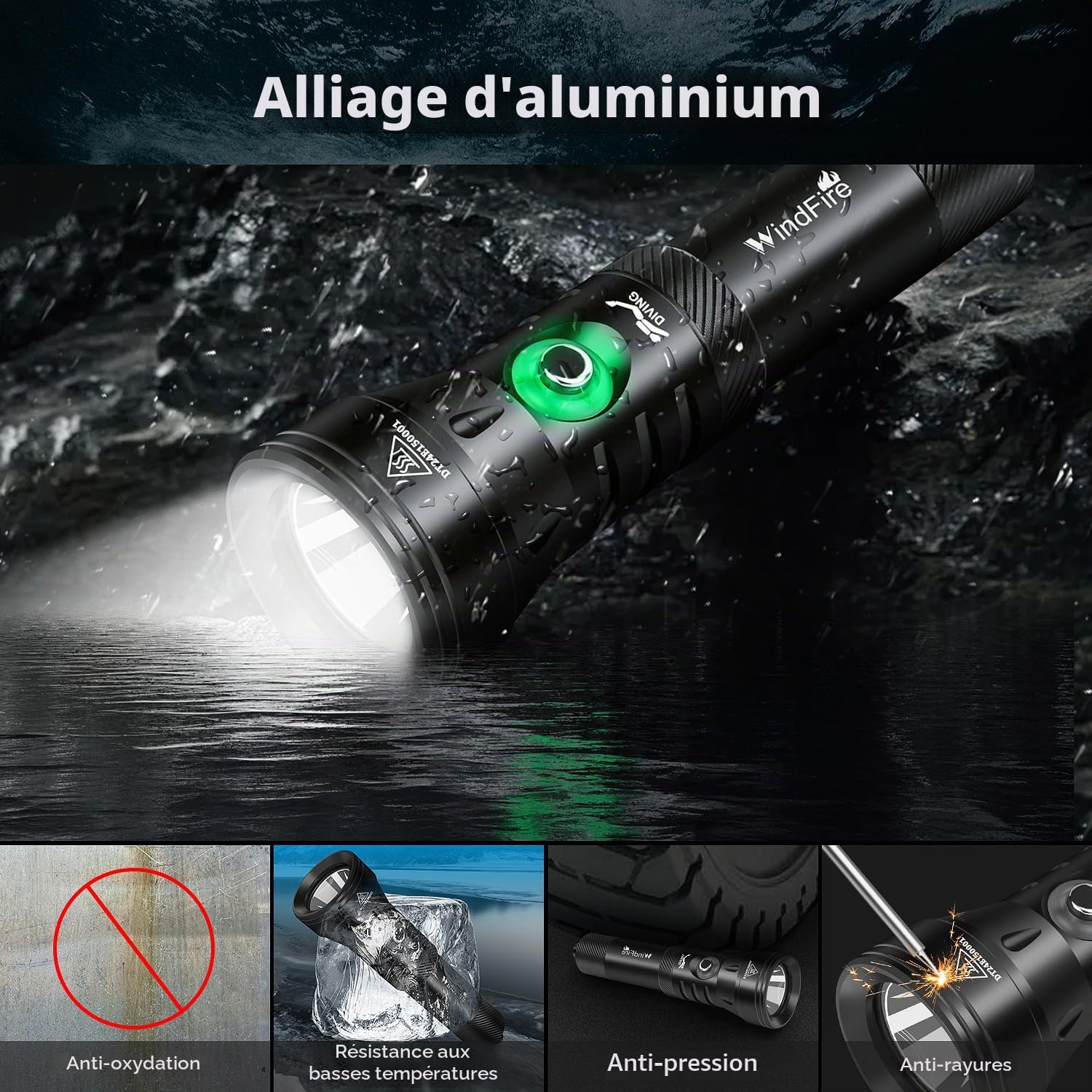 WINDFIRE Lampe de plongée 7 000 lumens lampe de poche de plongée super lumineuse 4 modes lampe de poche sous-marine avec indicateur de puissance, professionnelle lampe de plongée