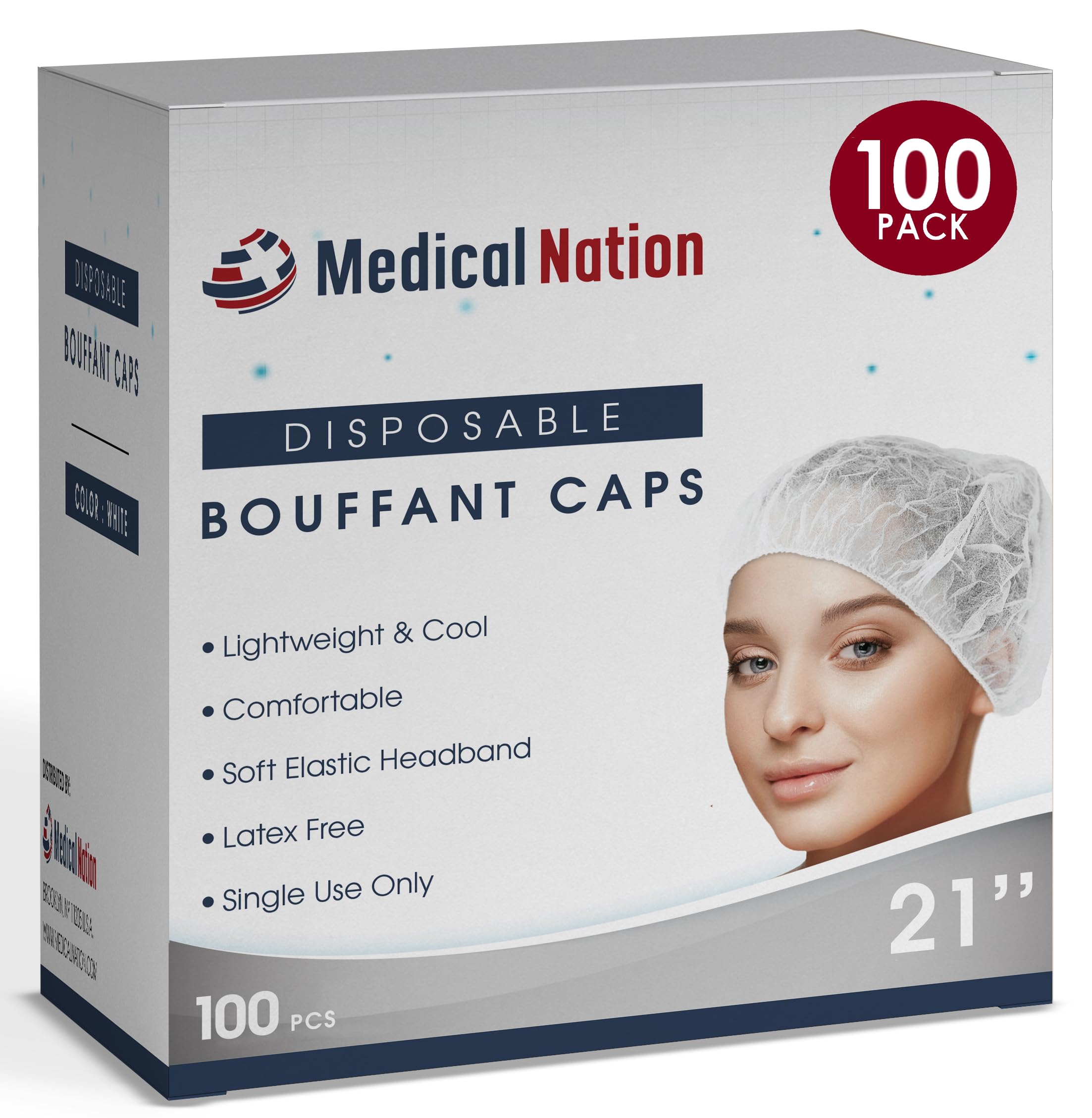 Medical Nation 21" Disposable Bouffant Caps | Pack of 100, White | Hairnets, Non-Woven, Non-Pleated Head Hair Covers |For Medical, Labs, Nurse, Tattoo