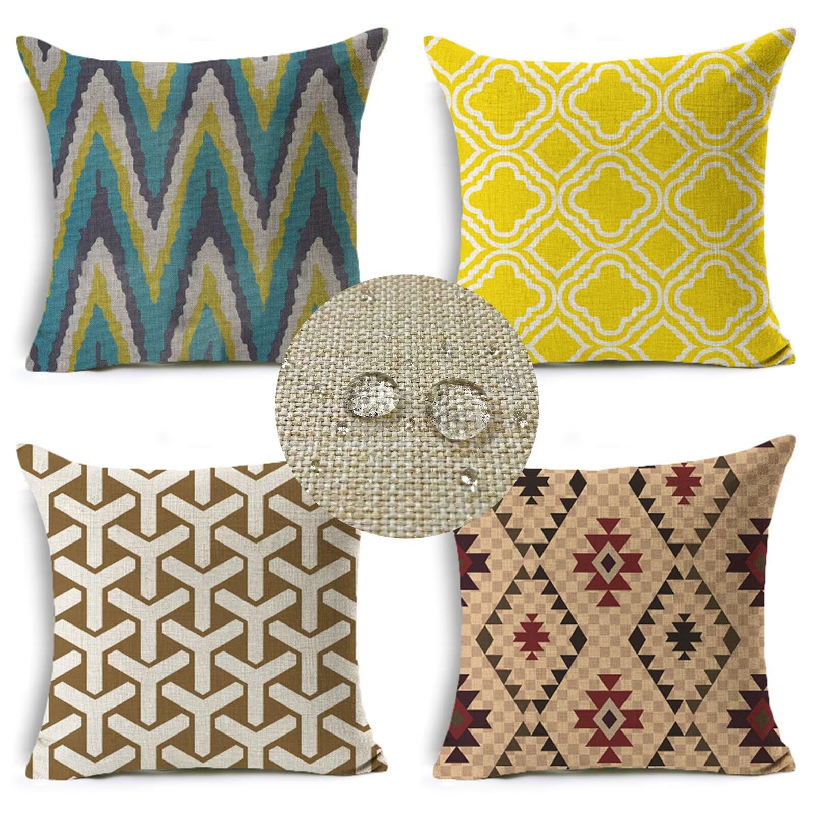 Juego de 4 Funda Cojin 60x60cm Fundas Cojines Sofa Simplicidad Doble Cara Lino Cojines Exterior Impermeable Geometría Cuadrado Funda de Almohada para Sofá Coche Cama Sillas Cojines Decorativos S-7598