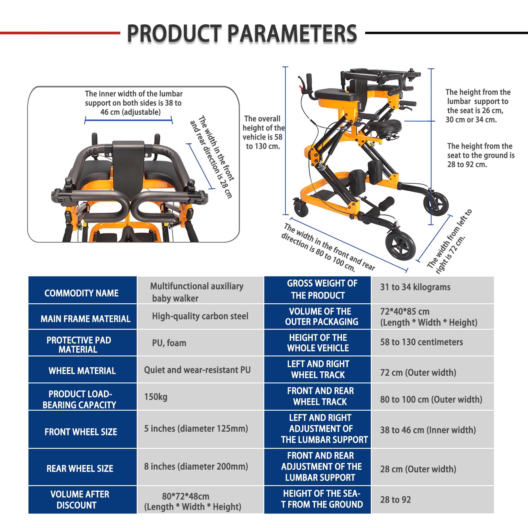 Walker di Riabilitazione Multifunzionale con addestramento in Piedi, Camminata e Carrello, Altezza Regolabile, Design Anti-inclinazione, Ideale per l'uso di casa e Clinica Yellow