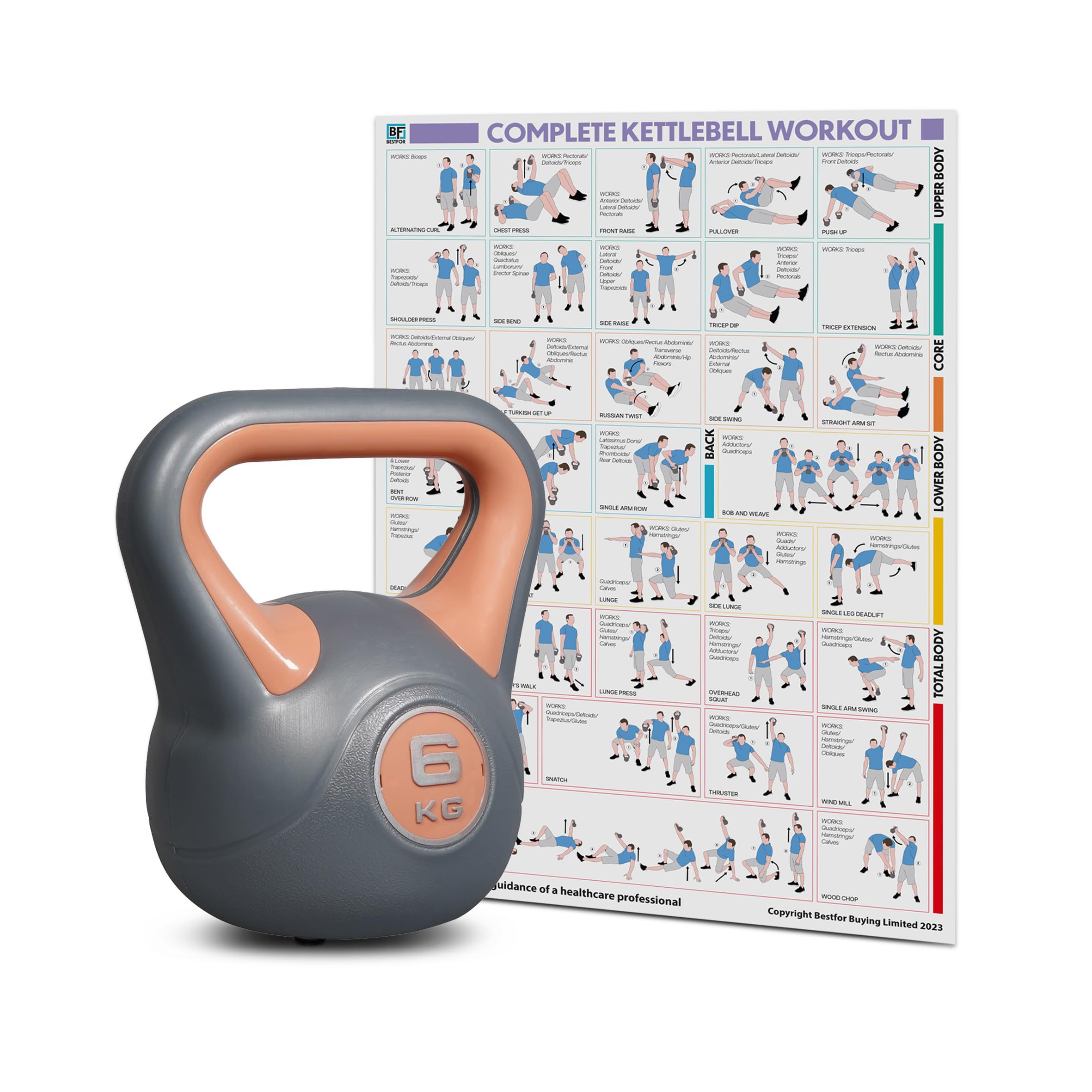 Bestfor Kettlebell Vinyl Coated, Two Tone, Weight Lifting Strength Kettle Bell, for Training, Cardio, Fitness, Muscle Exercise Chart, Body Building, Home Gym Workout 6kg