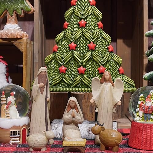 Miniatura 7 de Juego de Belén para Navidad en interiores, juego de 6 piezas de Belén esculpido pintado a mano, figuras de Navidad de resina coleccionable,