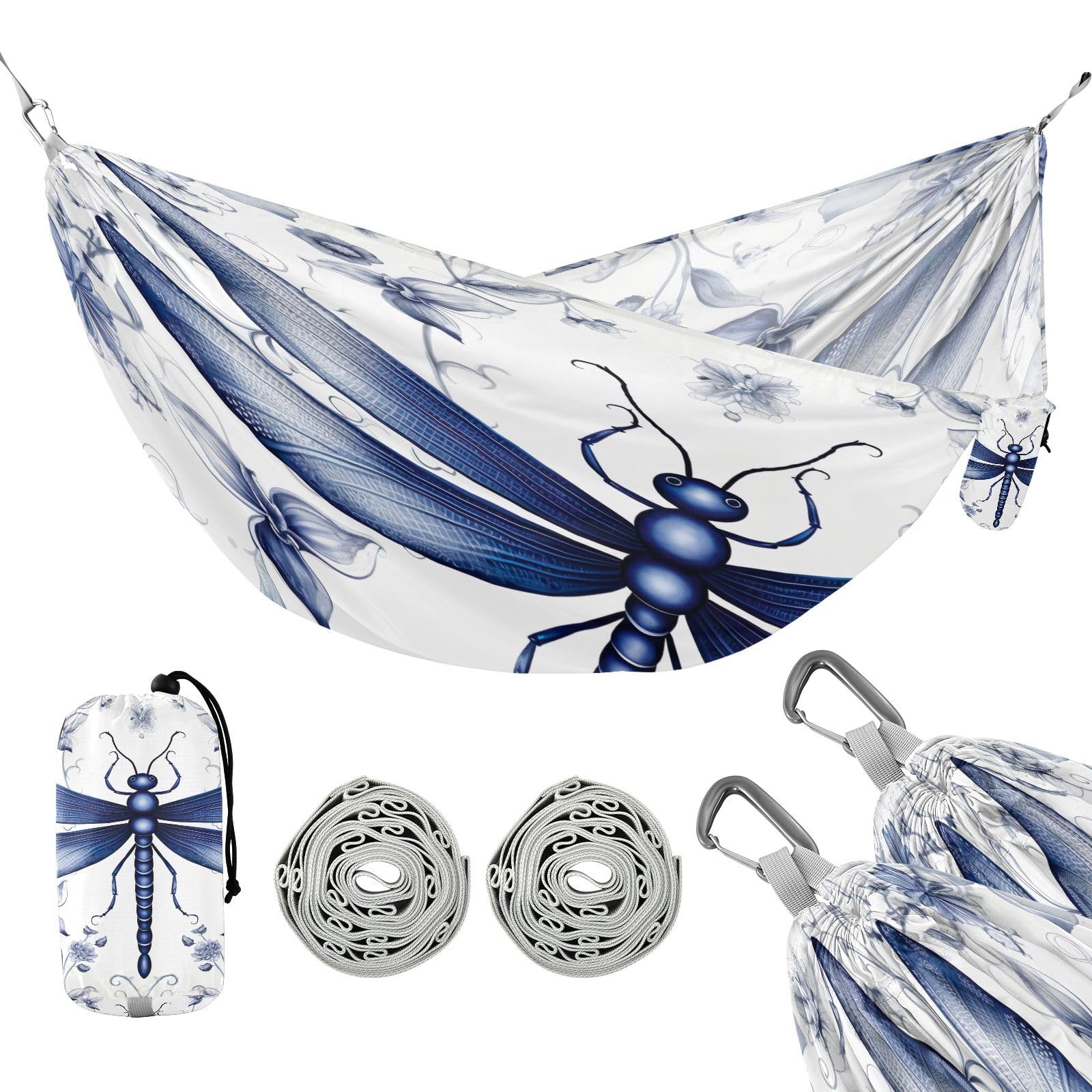 Haskirky Indigo Dragonfly Camping Hammock, Single Portable Hammocks with Tree Straps & Attached Carry Bag, 330Lbs Capacity Perfect for Outside Indoor Hiking Beach Backpack Travel