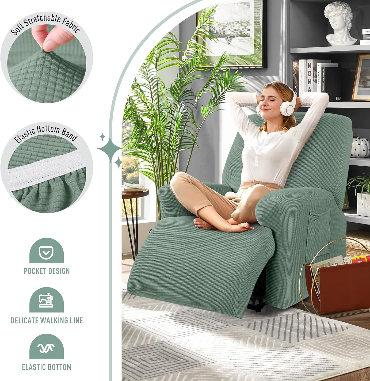TAOCOCO Recliner Loveseat Cover with Middle Console & Recliner Chair Covers & Recliner Sofa Covers for 3 Seat, Sage Green