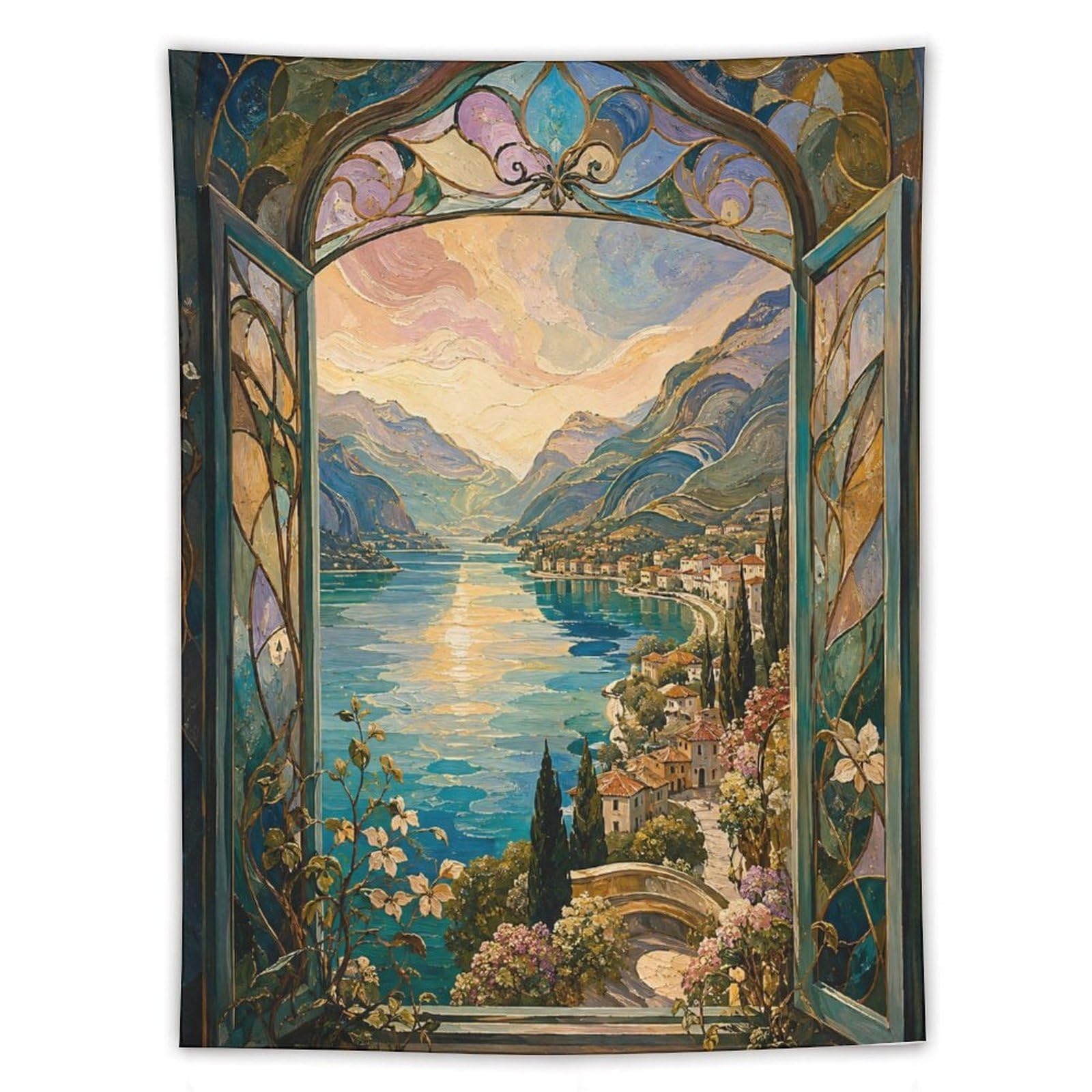 W7C8U2X3 Stained Glass Lake Window Wall Tapestry, Mosaic, Apartment