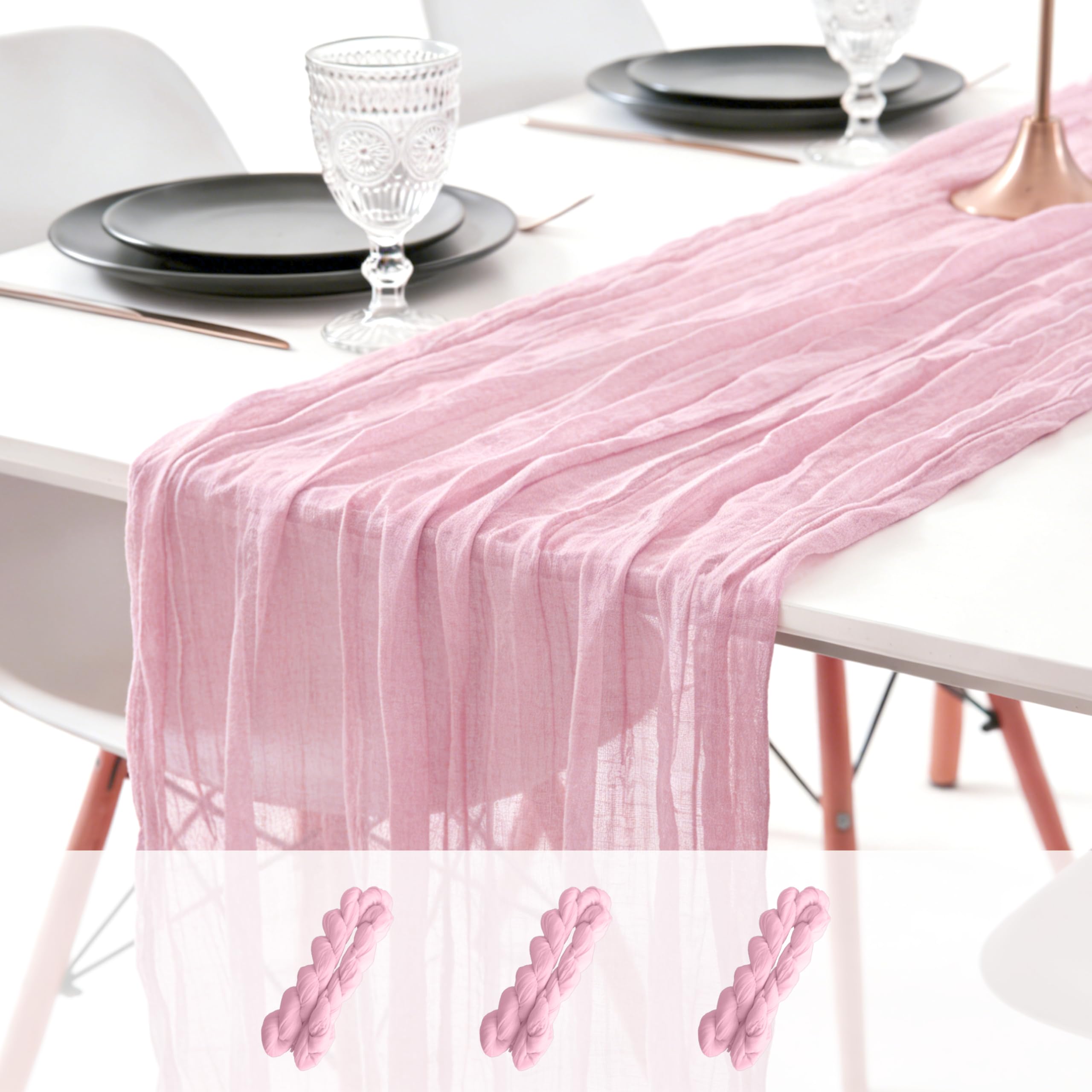 sxvblly 3PCS Pink Cheesecloth Table Runner 90×300cm Boho Gauze Rustic Spring Easter Table Runner for Baby Shower Wedding Decorations Bridal Shower Birthday Party Tea Party Decorations(10Ft) — image 1