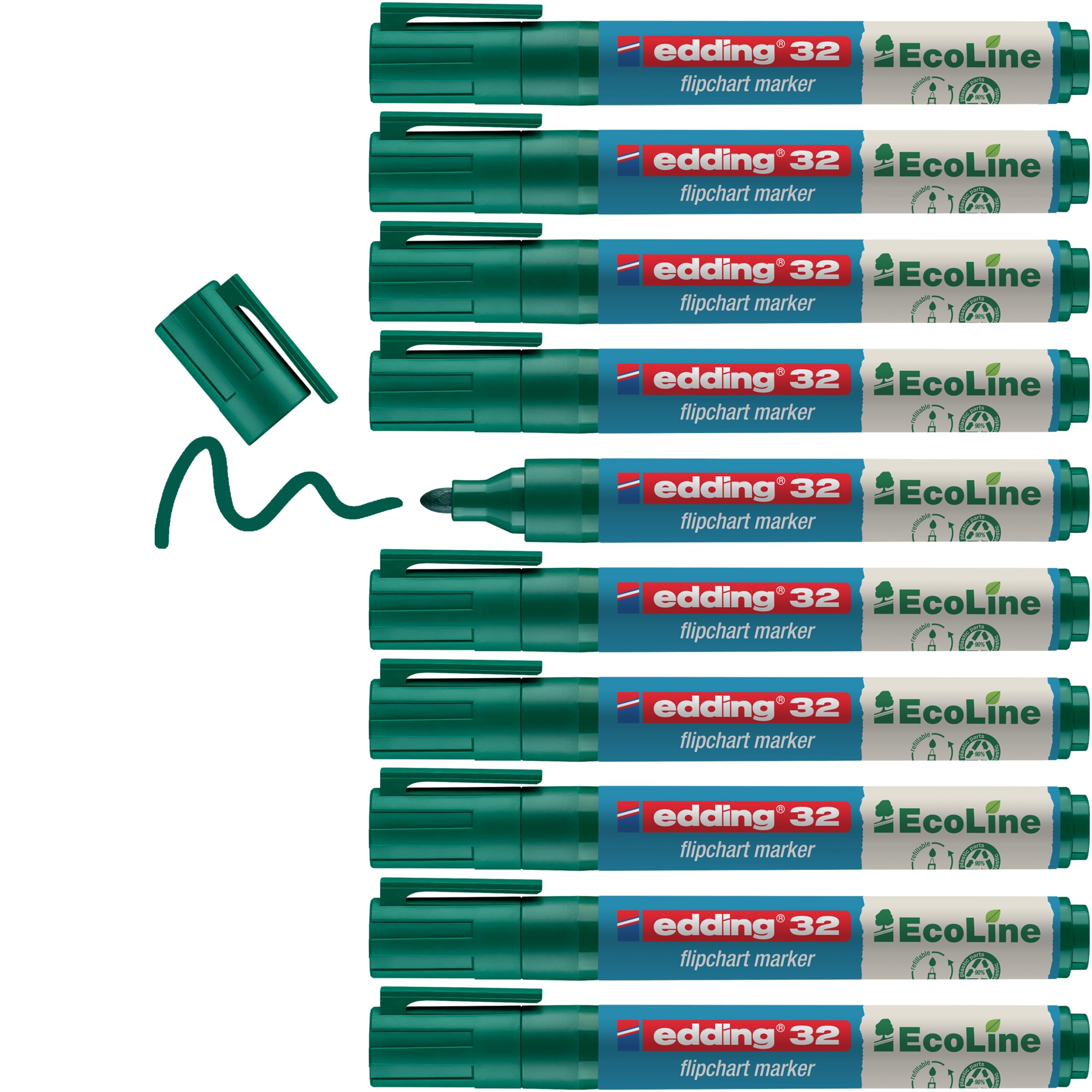 edding 31 Ecoline flipchart Marker - Green - Box of 10 - Round Nib 1,5-3 mm - Marker for Writing, Drawing on flipchart Paper - Does not Bleed Through - Does not Dry Out - refillable