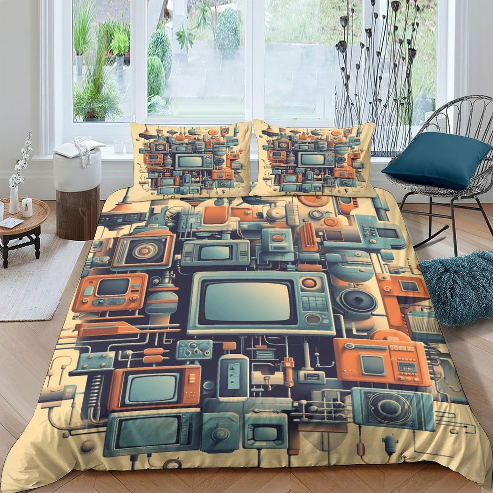 Retro-Technik-Gadgets 3D Bedruckt Bettbezug 3teilig Mikrofaser fleckenfest Vintage-Mechanik Deckenbezug 2 Kissenbezüge hautfreundlich Jugendzimmer Deko Super King（260x220cm）