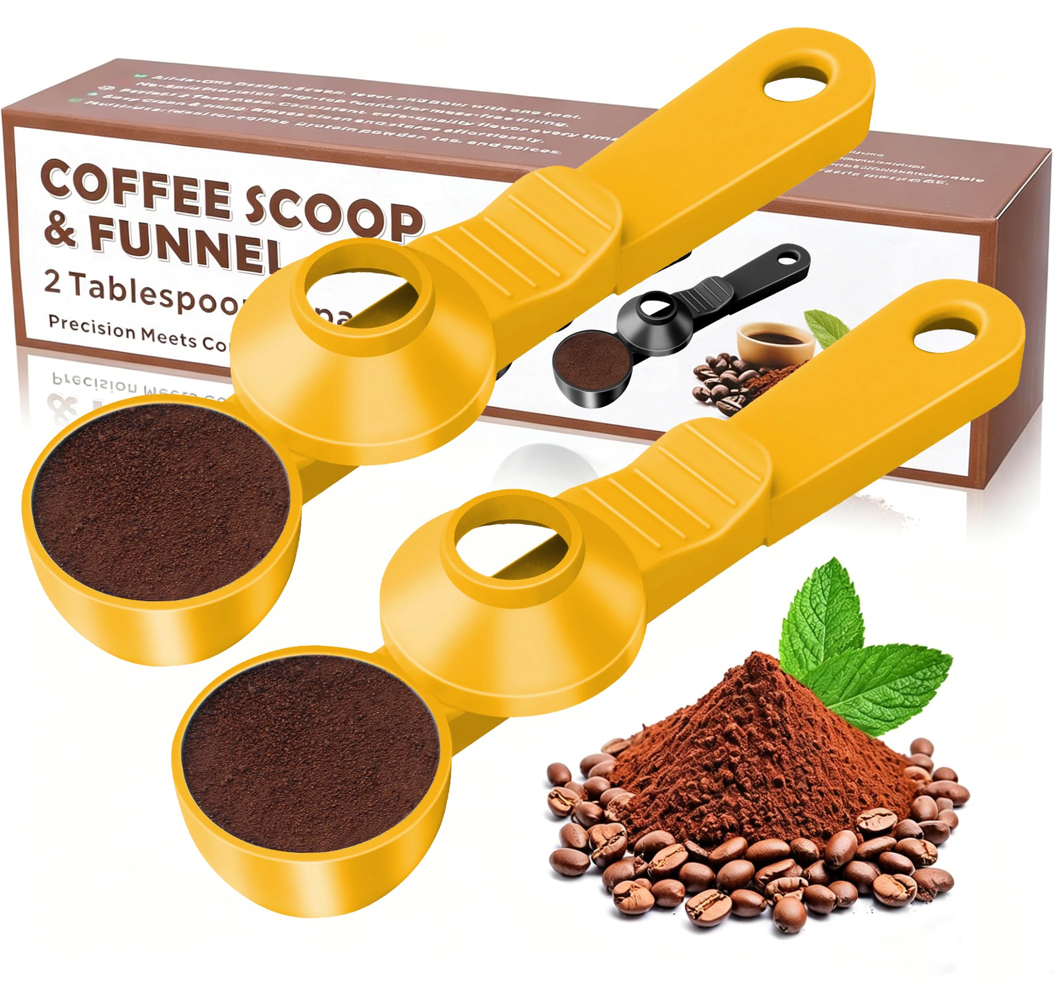 2-in-1 Coffee Scoop with Funnel, 2 Tbsp Measuring Spoon for Reusable K Cups, Ground Coffee, Protein Powder & Tea, Mess-Free Plastic Design（Yellow-2pack）
