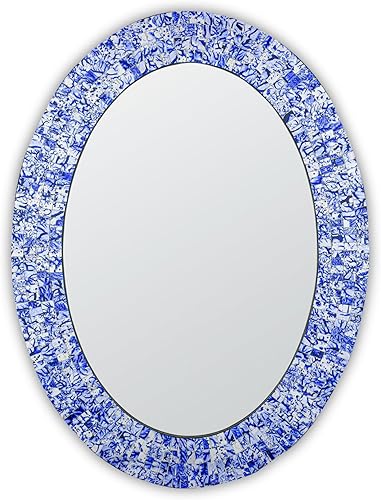 Espejo decorativo tradicional de mosaico – 32 x 24 pulgadas de forma ovalada colgante azul espejo de pared