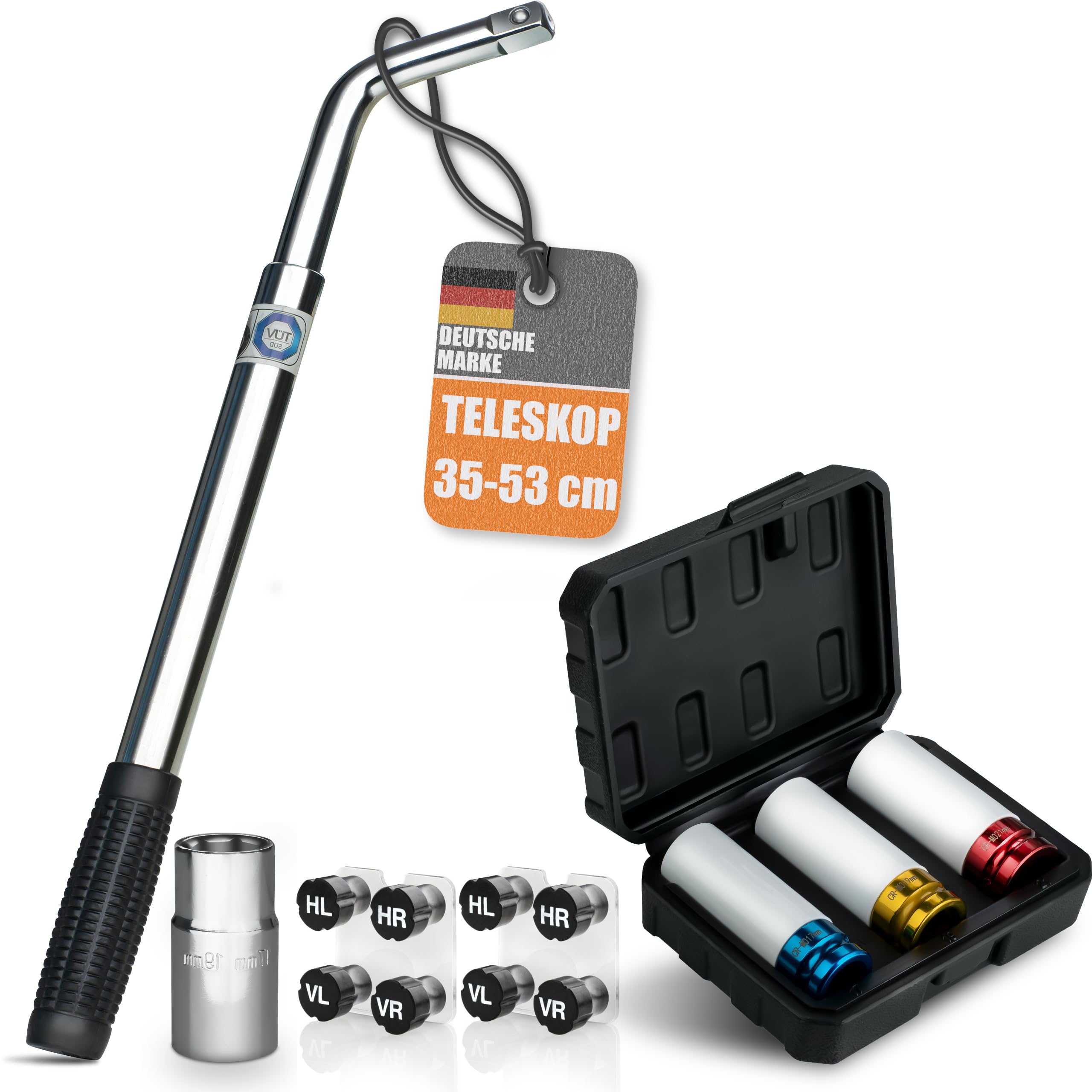 bonsport Teleskop Radmutternschlüssel Auto 17/19mm - Inkl. 3er-Set Felgenüsse & 8er-Set Reifenmarkierer - Radschlüssel ausziehbar - 1/2 Zoll Radschraubenschlüssel