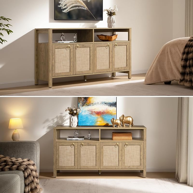SICOTAS Rattan TV Stand Entertainment Center Storage Cabinet with 4 Doors image 4