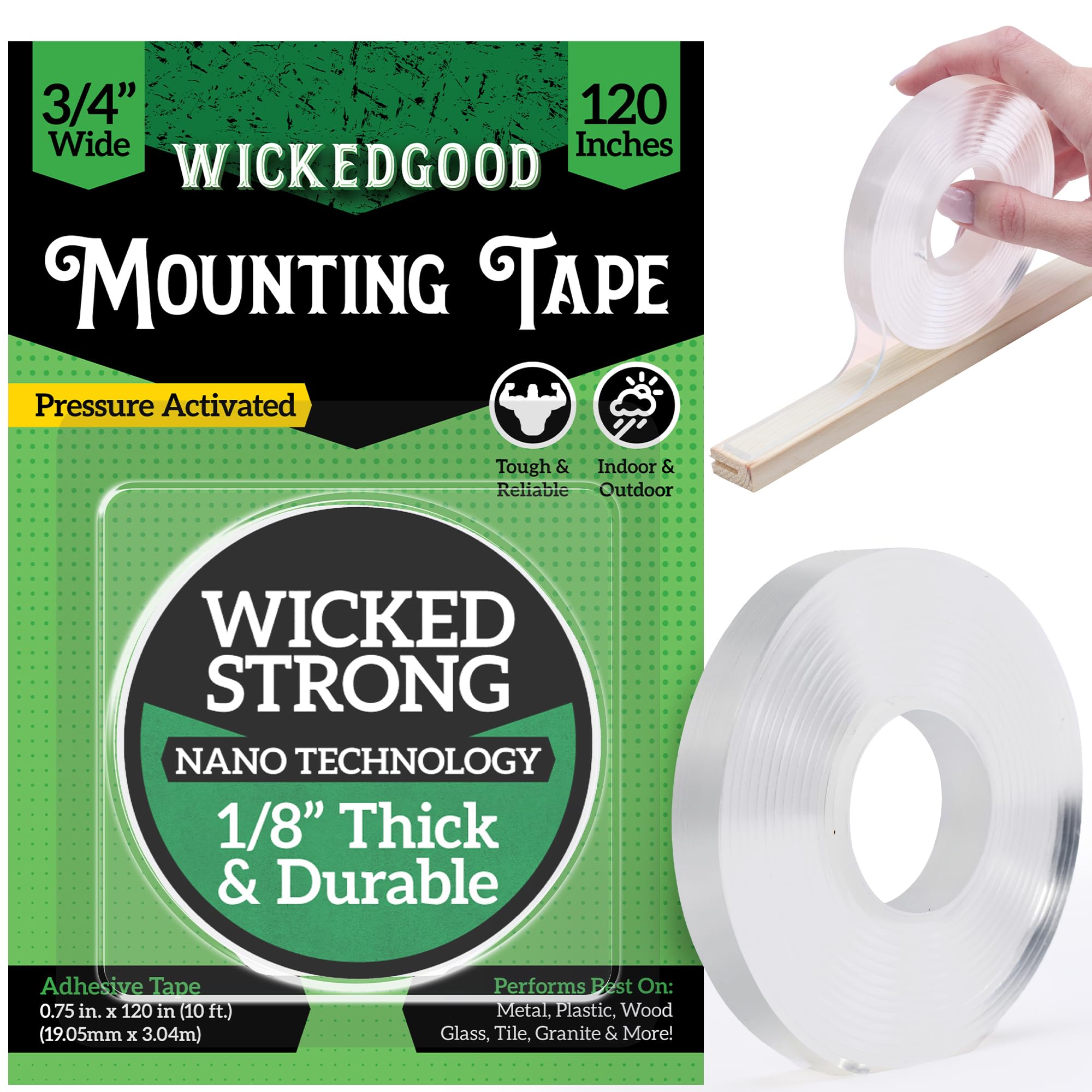 WickedGood Strong Double Sided Tape - Nano Clear Double Sided Mounting Tape with Heavy Duty, Waterproof Adhesive for Indoor, Outdoor Use, Multi Purpose for Wall, Picture Frames, Carpet (3/4" x 120")