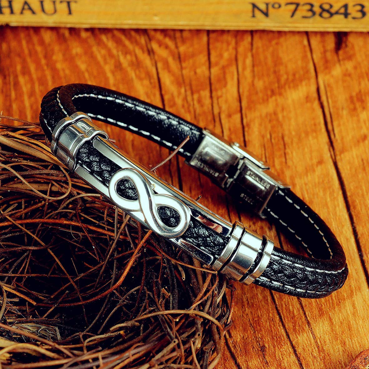 ATEIELLI Bracciale Uomo Infinito Acciaio Inossidabile Pelle 21.5cm Regolabile B310