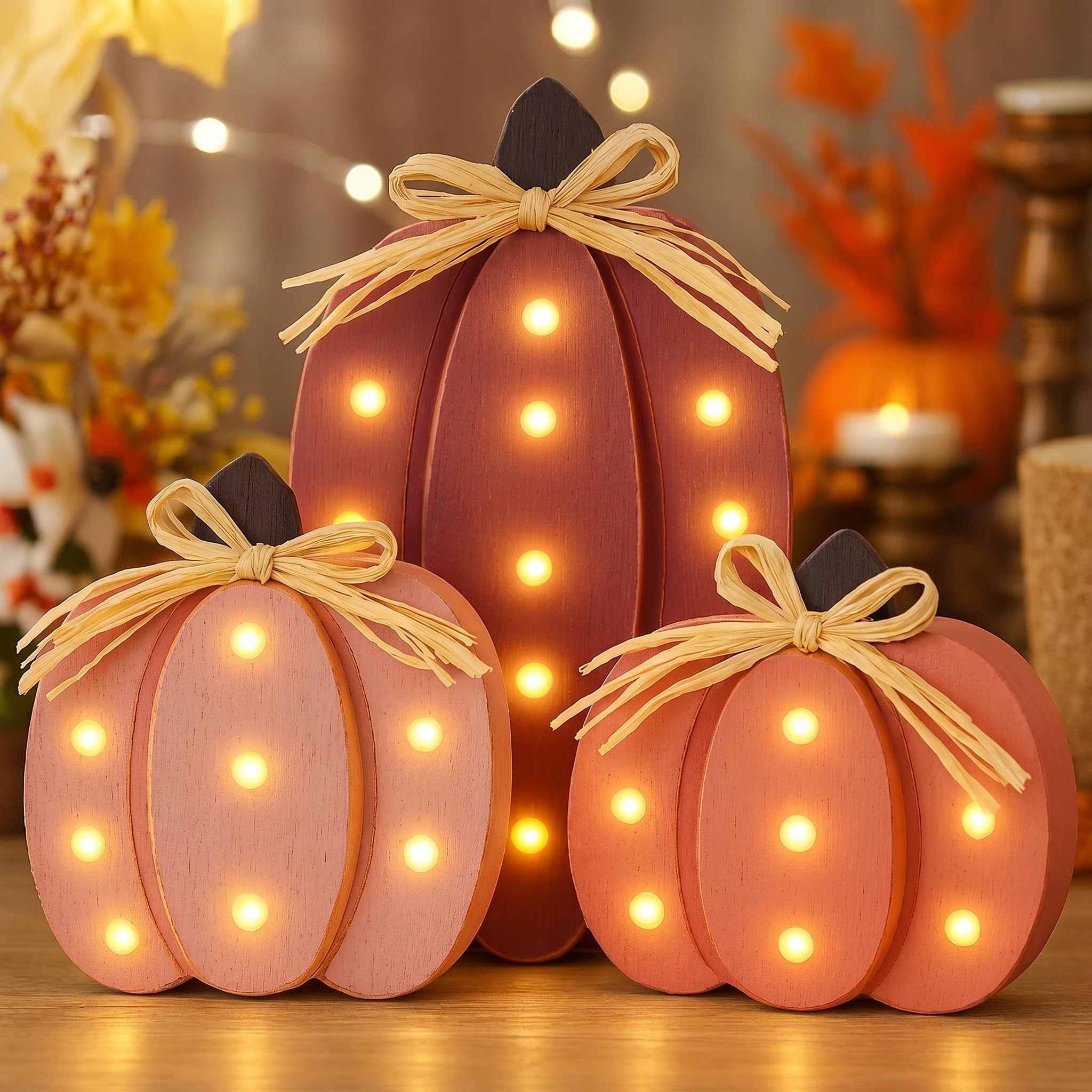 Youyole 3 decorazioni autunnali per la casa, zucche in legno rosa con fiocco, a batteria, decorazione rustica per il raccolto per il Ringraziamento, Halloween, casa, cucina, decorazione da tavolo