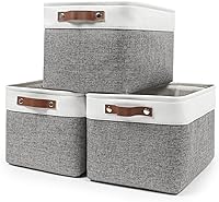 Bagnizer Large Fabric Storage Bins 3 Pack - Decorative Linen Closet Baskets with Handles, 15x11x9.5in Grey White for Shelves Home Office Organizing