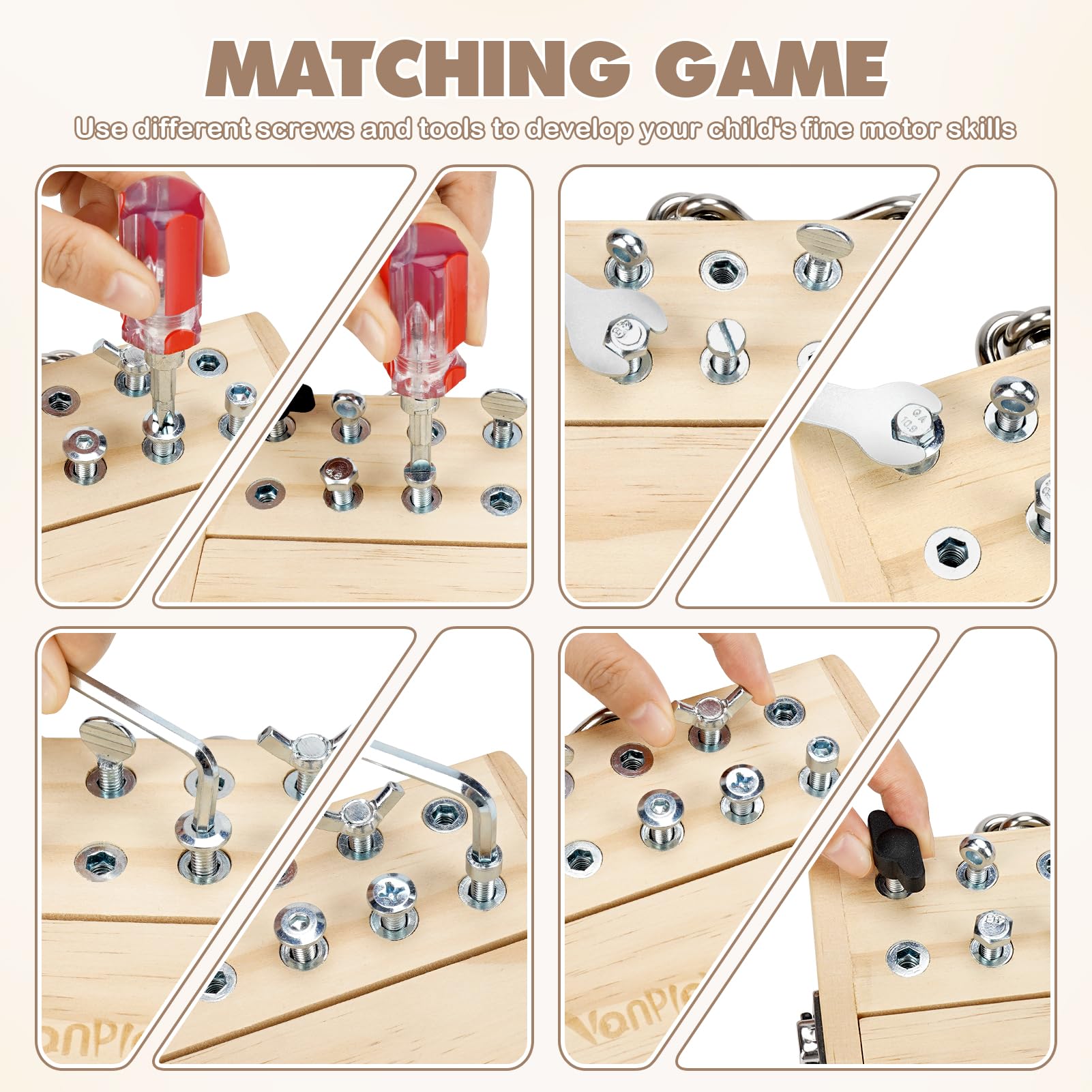 Vanplay Giochi Montessori 3 Anni, Attrezzi Giocattolo Bambini Giochi in Legno per Bambini, Cacciavite Giocattoli da Viaggio con Serratura e Chiave Giocattoli Educativi 3 4 5 6 Anni