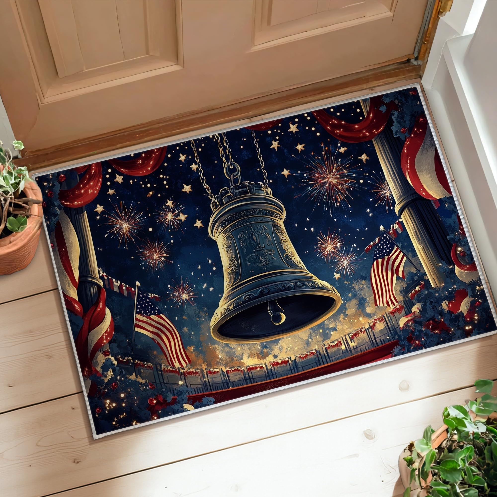 Tapis sans perte de poils Bell rouge 4 juillet motif feux d'artifice déco entrée 60x90 cm