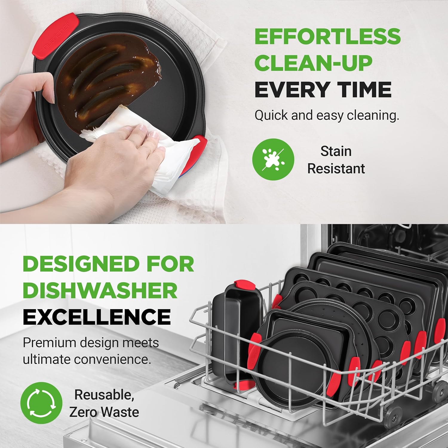 NutriChef 10-Piece Nonstick Kitchen Oven Baking Pans - Premium & Stylish Non-Stick Carbon Steel - Commercial Grade Restaurant Quality Metal Bakeware with Silicone Handles - Easy to Clean, NCSBS10S