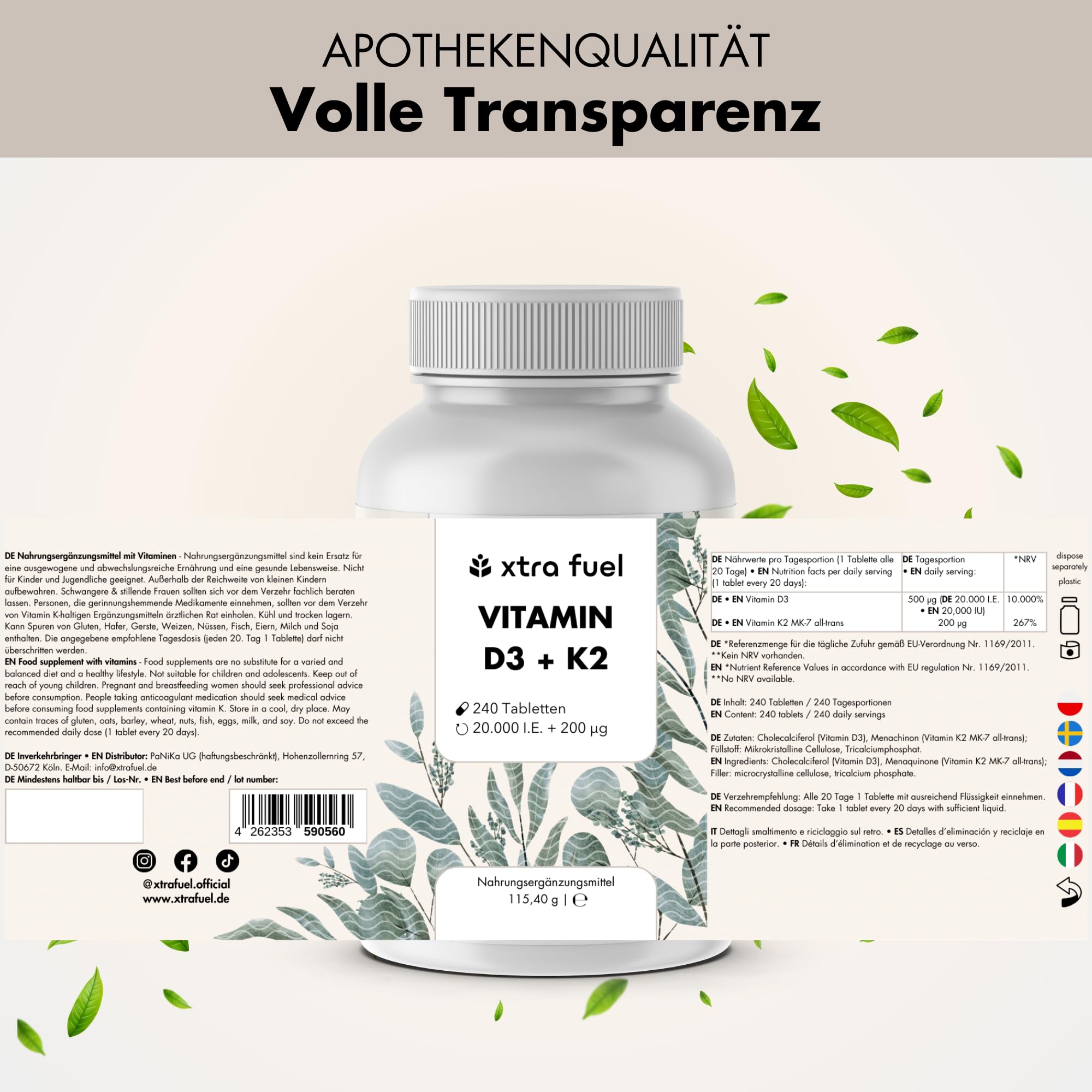 Vitamin D3 K2 20000 IE + Vitamin K2-MK7 99,7+% All-Trans - 720 Tabletten - hochdosiert & ohne Zusätze, laborgeprüfte Qualität - optimale Bioverfügbarkeit
