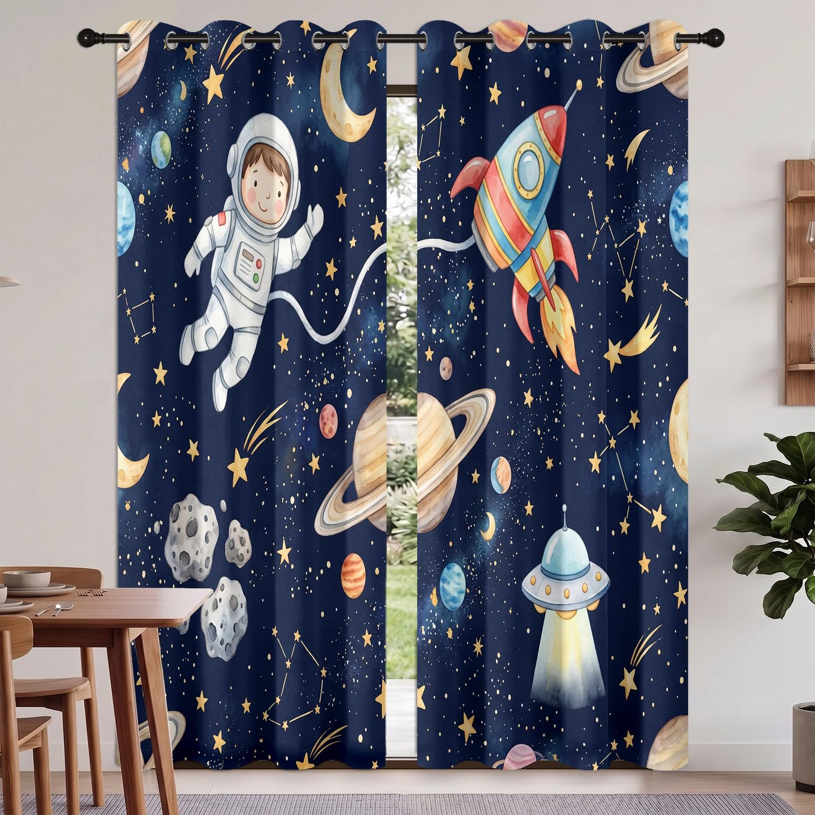 Rideaux Occultant Espace Véhicule, Rideaux Occultant Fusée Spatiale Ludiques en Dessin Animé Rideau Thermiques Isolant Anti Froid et Chaleur Rideau à Oeillets pour Pépinière, 2 PCS, 91.5L X 214H cm
