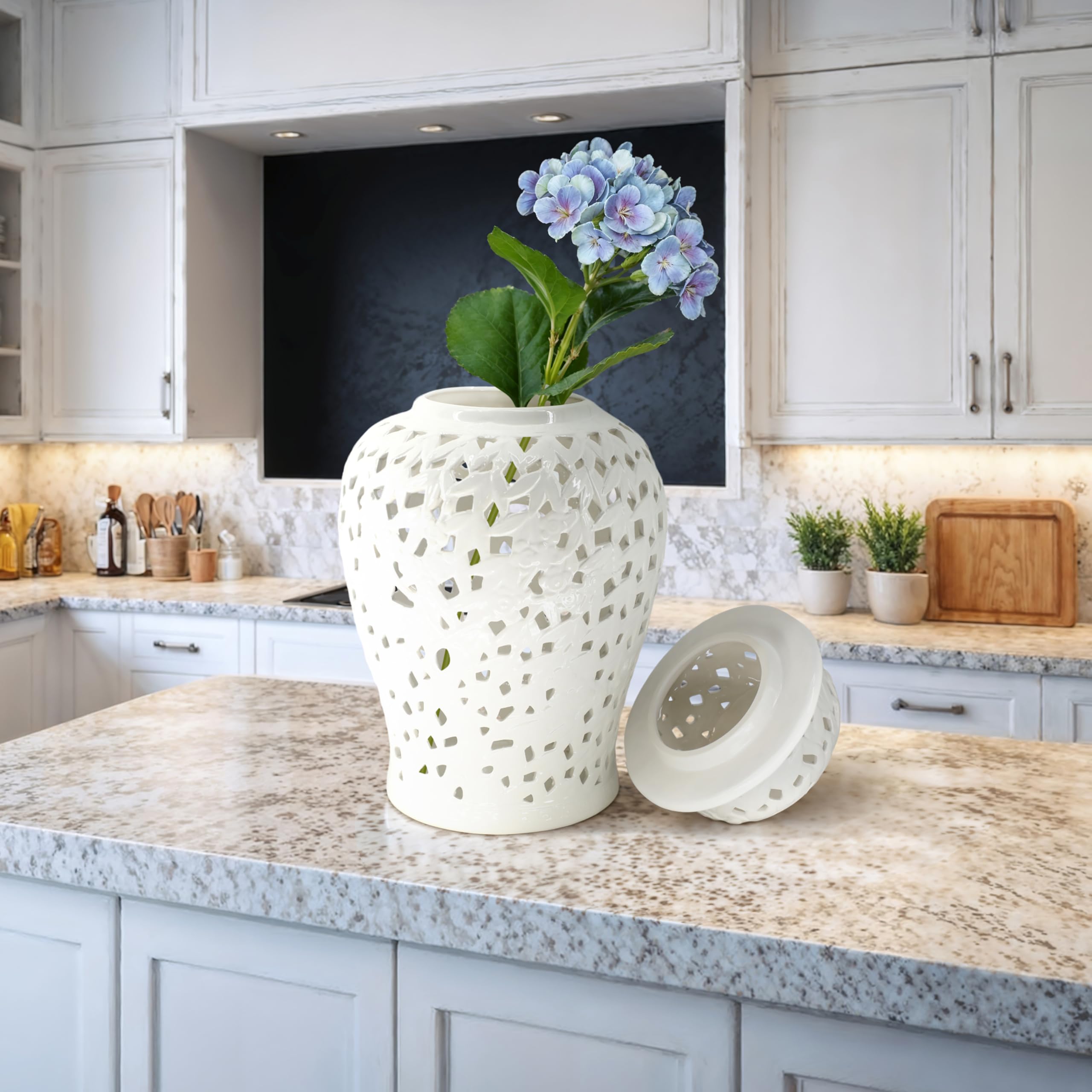 Sagebrook Home Decorative Ginger Jar with Lid - Handcrafted Lattice Design - Stoneware Ceramic - Traditional Home Accent - Ideal for Home, Office, Bedroom, Living Room Decor - 24