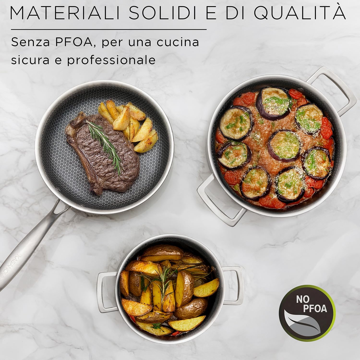 KASANOVA Batteria pentole Tri-ply, Set pentole e padelle in acciaio inox triplo strato, Pentole antiaderenti induzione e tutti i piani cottura, forno fino a 220 °C (7 pezzi)