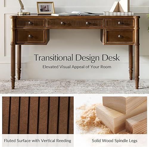 Miniatura 5 de HULALA HOME Escritorio para computadora estriado de 55 pulgadas con estación de carga, escritorio de escritura con 5 cajones, escritorio de madera