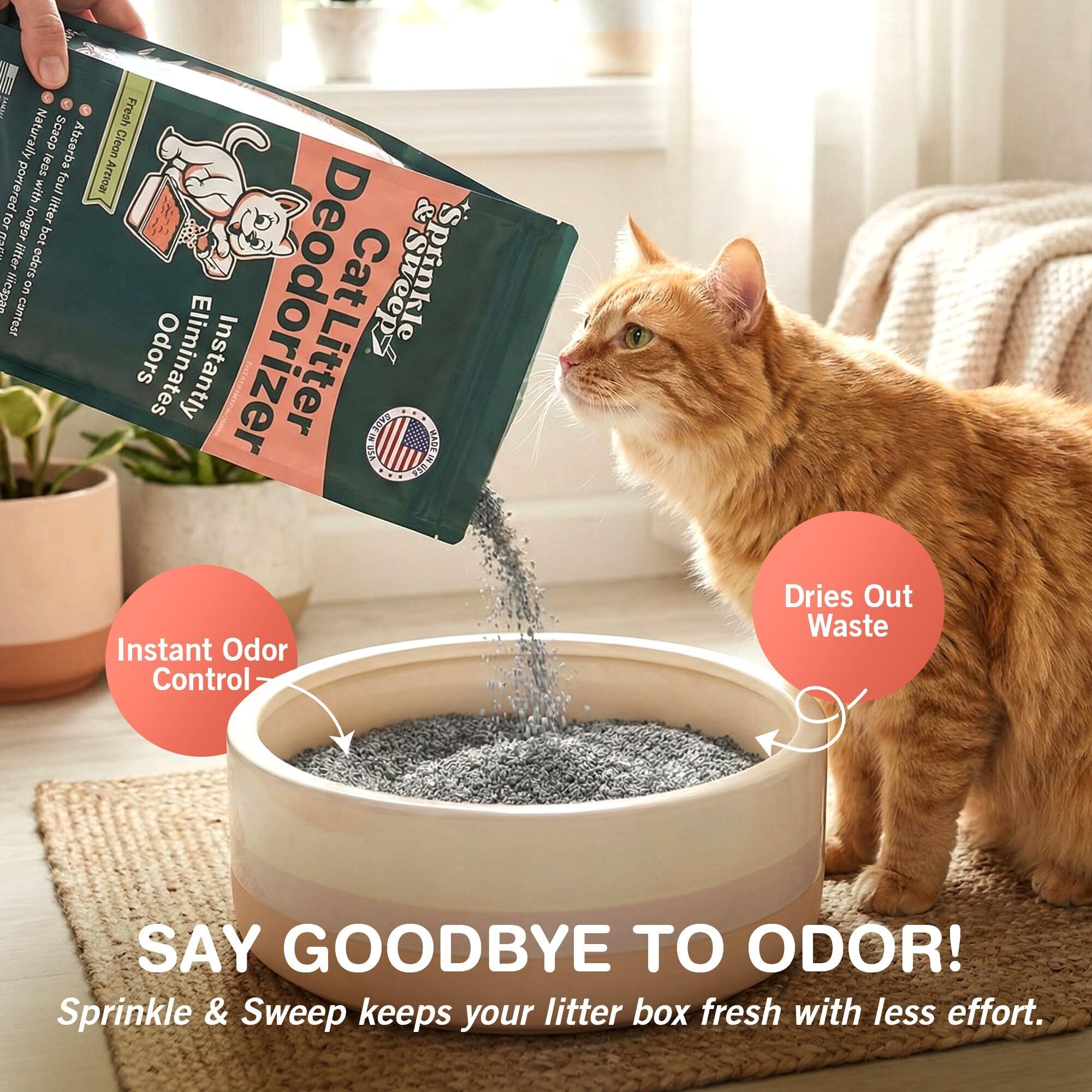 Sprinkle & Sweep Desodorante de caja de arena – Desodorante de arena para gatos no tóxico y seguro para gatitos – Desodorizador de arena elimina instantáneamente los olores sucios de arena y orina,