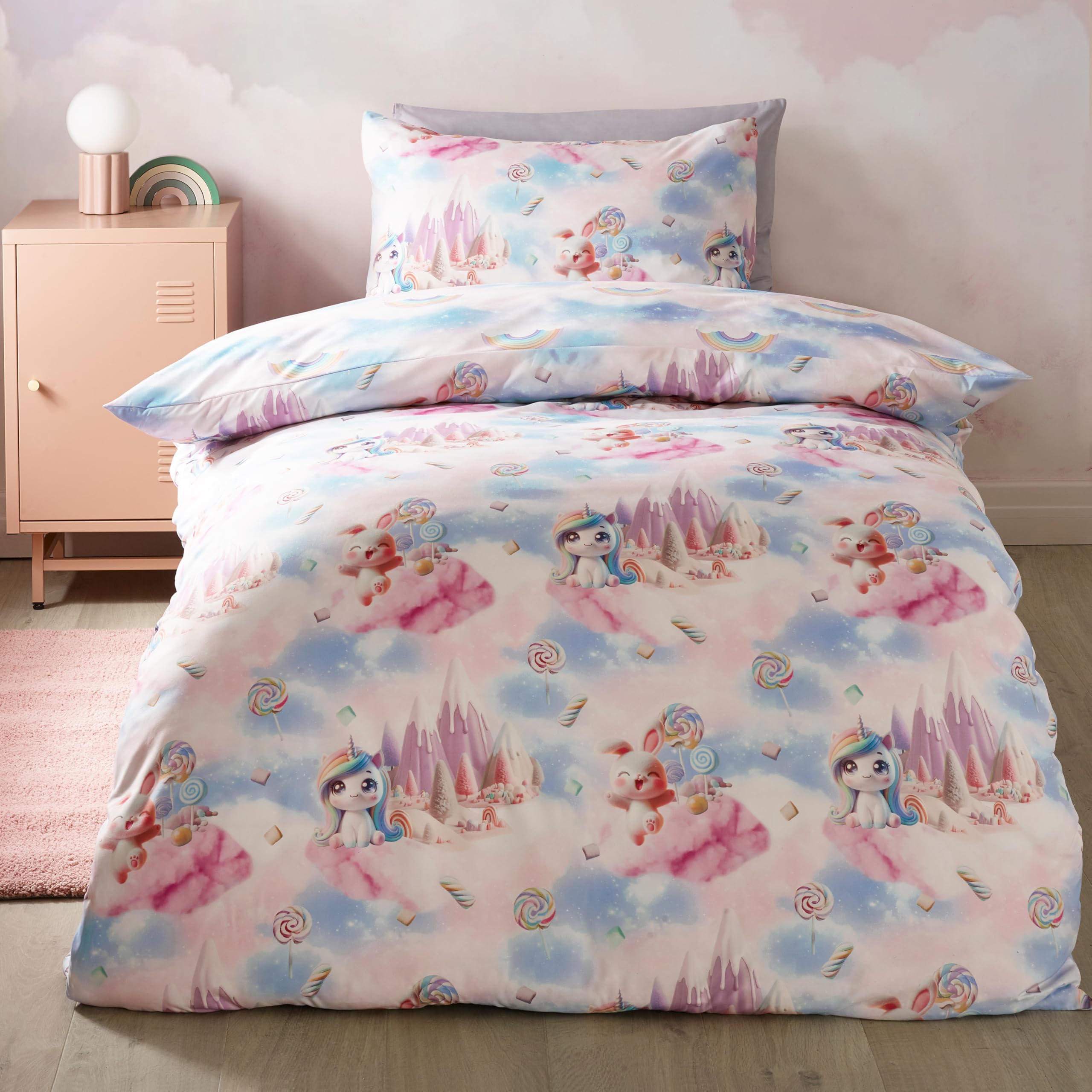 Catherine Lansfield Candy Unicorn So Soft Reversible Double Duvet Cover Set with Pillowcases Pink