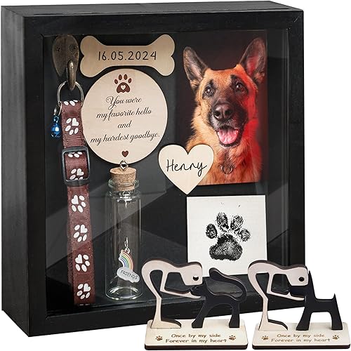 Caja de sombra de regalo conmemorativo para mascotas de 8.6 pulgadas, soporte para collar negro, marco de fotos, kit de tinta de pata de mascota,