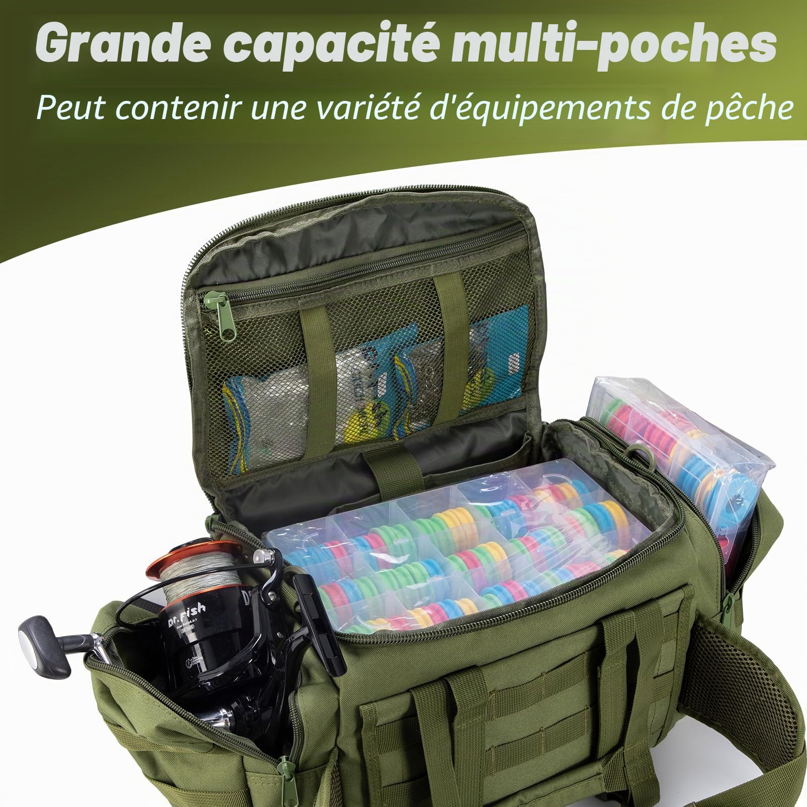 Dr.Fish Sac de Pêche pour Le Rangement, Grand Fourre-Tout Multi-Poches, Résistant à l'eau pour Pêche, la Randonnée, la Chasse, Le Camping, Les Voyages