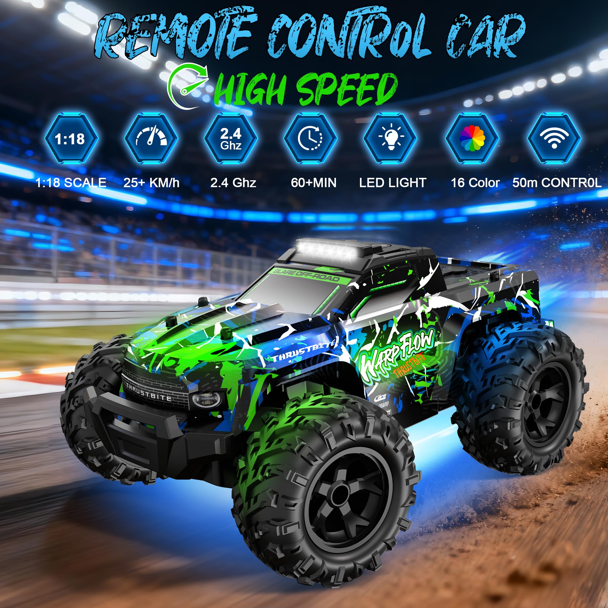 BAZADER Coche Teledirigido Coche RC - 1:18 Coches teledirigidos con Luces Led, 25 Km/H Remote Control Car con Pulverizador 2,4 GHz Todoterreno 2 Baterías Recargables 60min Play, para NiñOs Y Adultos