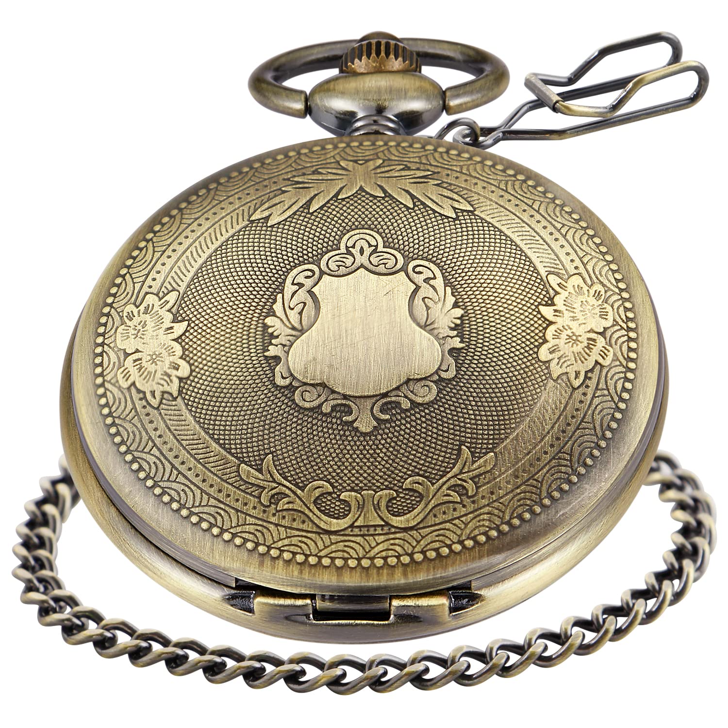 Realpoo Bronze Smooth Cover Roman Men's Quartz Pocket Watch, Black Roman Digital Dial with Chain